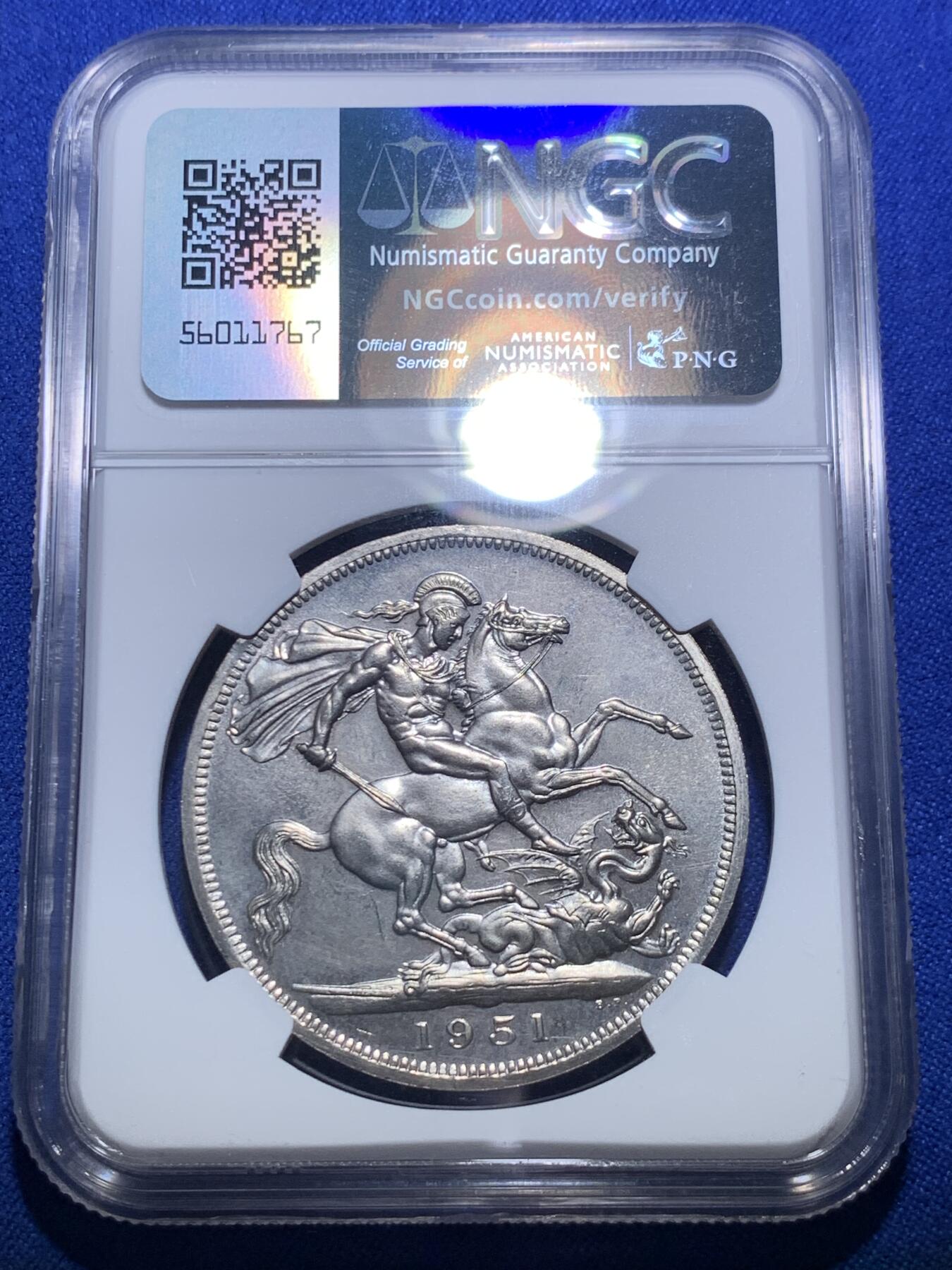 《竞宝斋》第280场- 周日，周一 ，周二3场连拍 （全场包邮） NGC PL64 英国1951年乔治六世克朗 最后的镍马剑