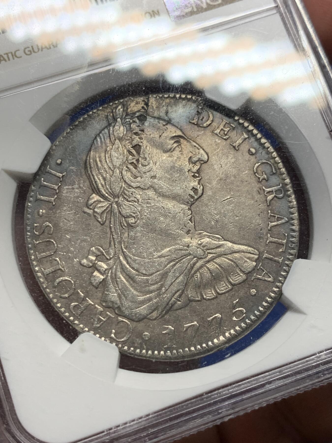 《竞宝斋》第280场- 周日，周一 ，周二3场连拍 （全场包邮） NGC-XFD 墨西哥 卡洛斯三世 1775年 8 里亚尔大银币带包浆 盒子有损 币取不出来 细节见图