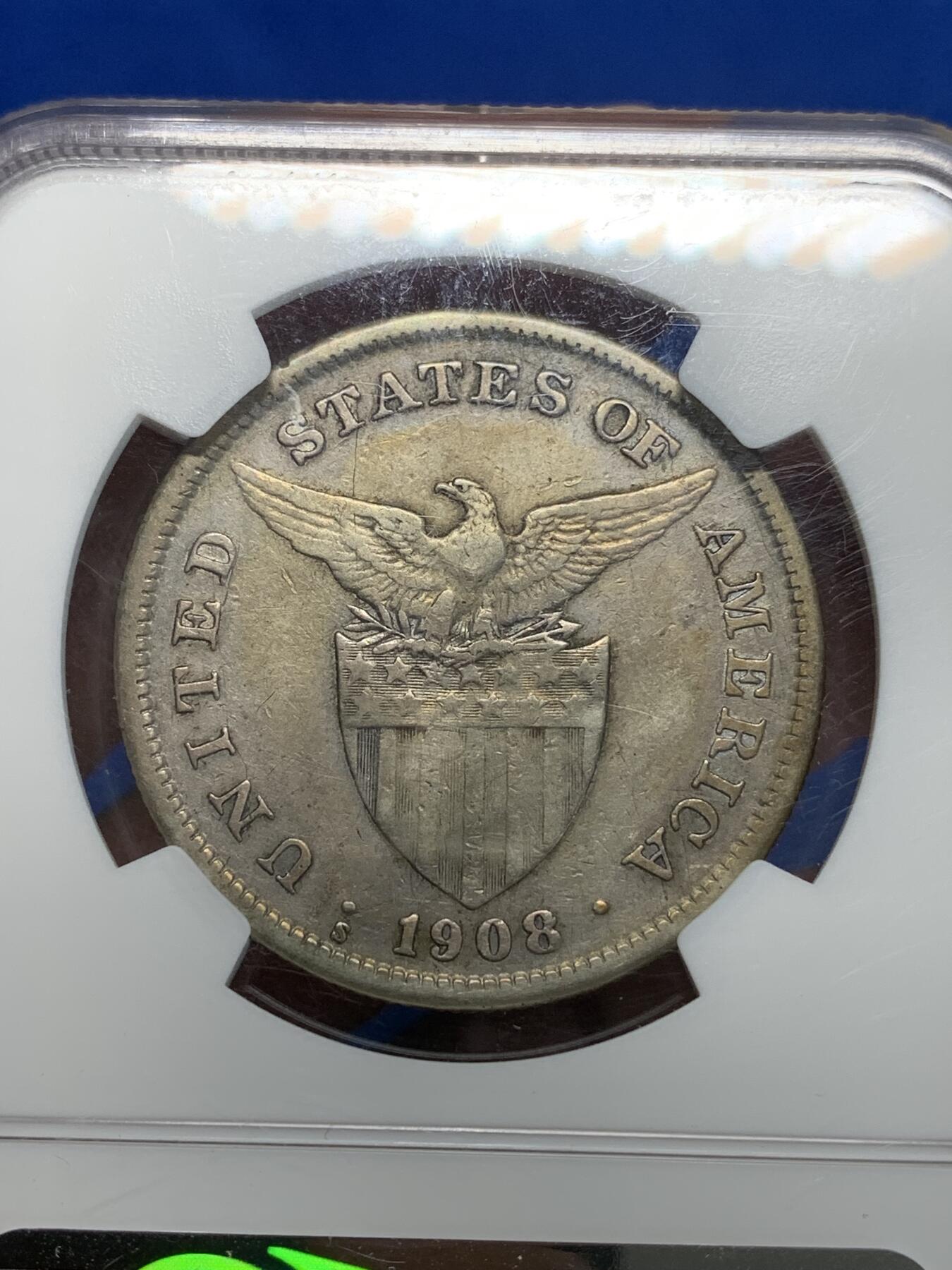 《竞宝斋》第280场- 周日，周一 ，周二3场连拍 （全场包邮） NGC VF35 美属菲律宾 1908年 1比索 打铁女神 银币