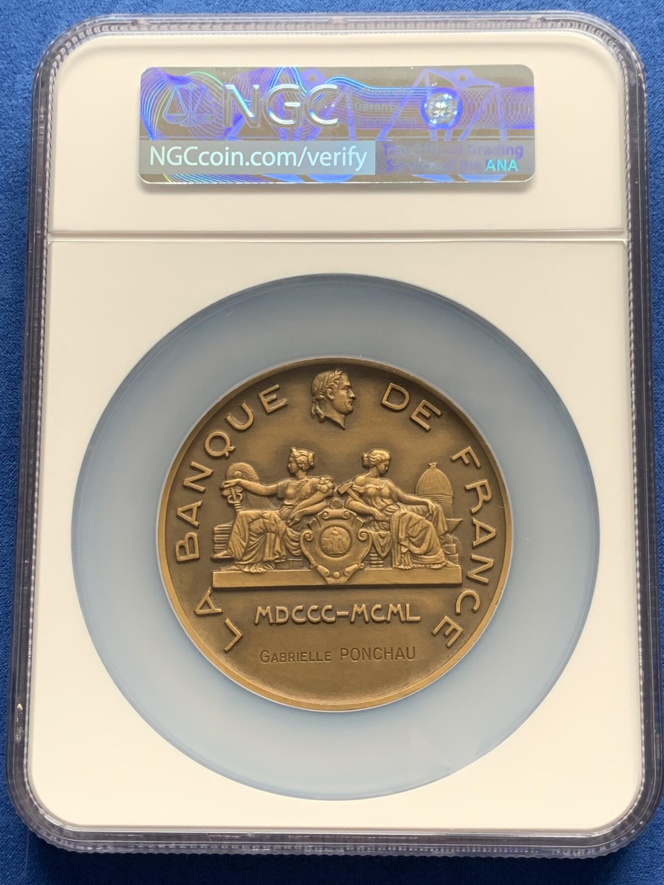 《竞宝斋》第280场- 周日，周一 ，周二3场连拍 （全场包邮） NGC MS66BN 法兰西银行成立150周年 68mm大章 高分可藏