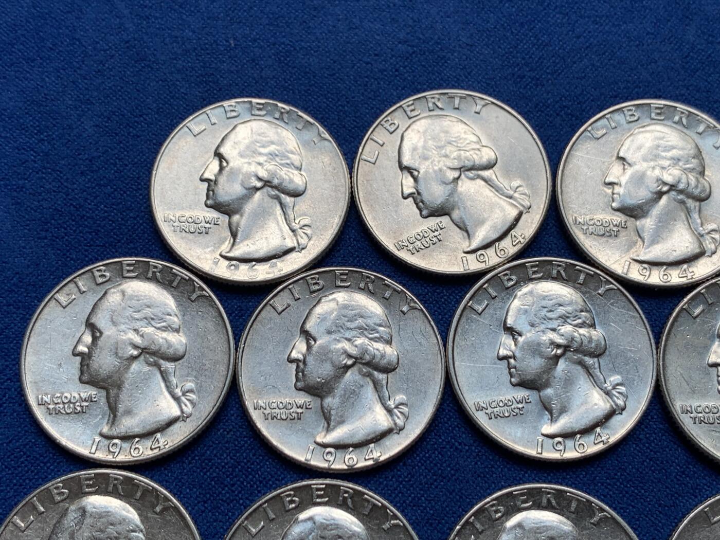 《竞宝斋》第280场- 周日，周一 ，周二3场连拍 （全场包邮） 14枚一组 1964年美国华盛顿25美分银币 重6.25克 900银 合计纯银78.75克