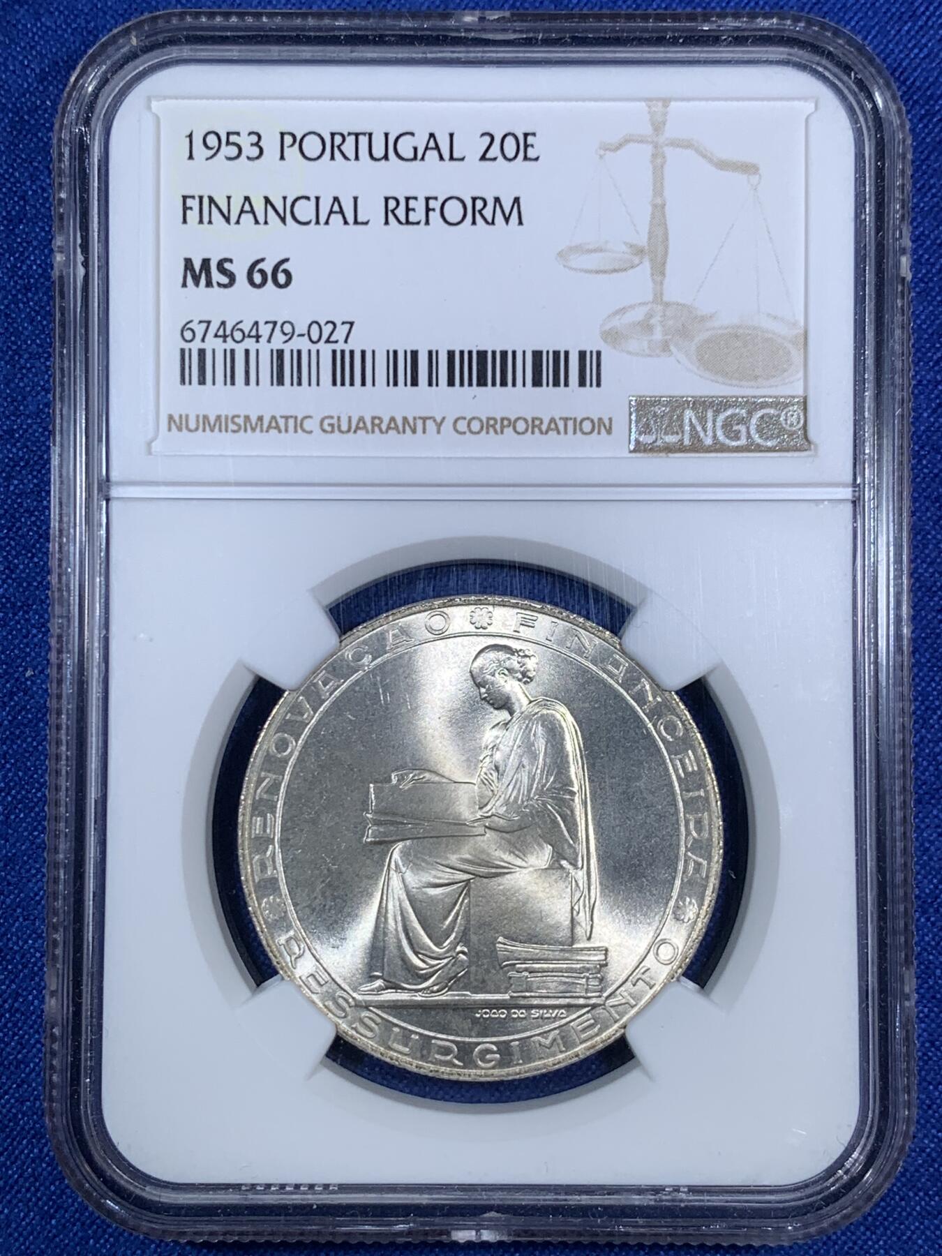 《竞宝斋》第280场- 周日，周一 ，周二3场连拍 （全场包邮） NGC MS66 葡萄牙1953年金融改革制度25周年20埃斯库多银币