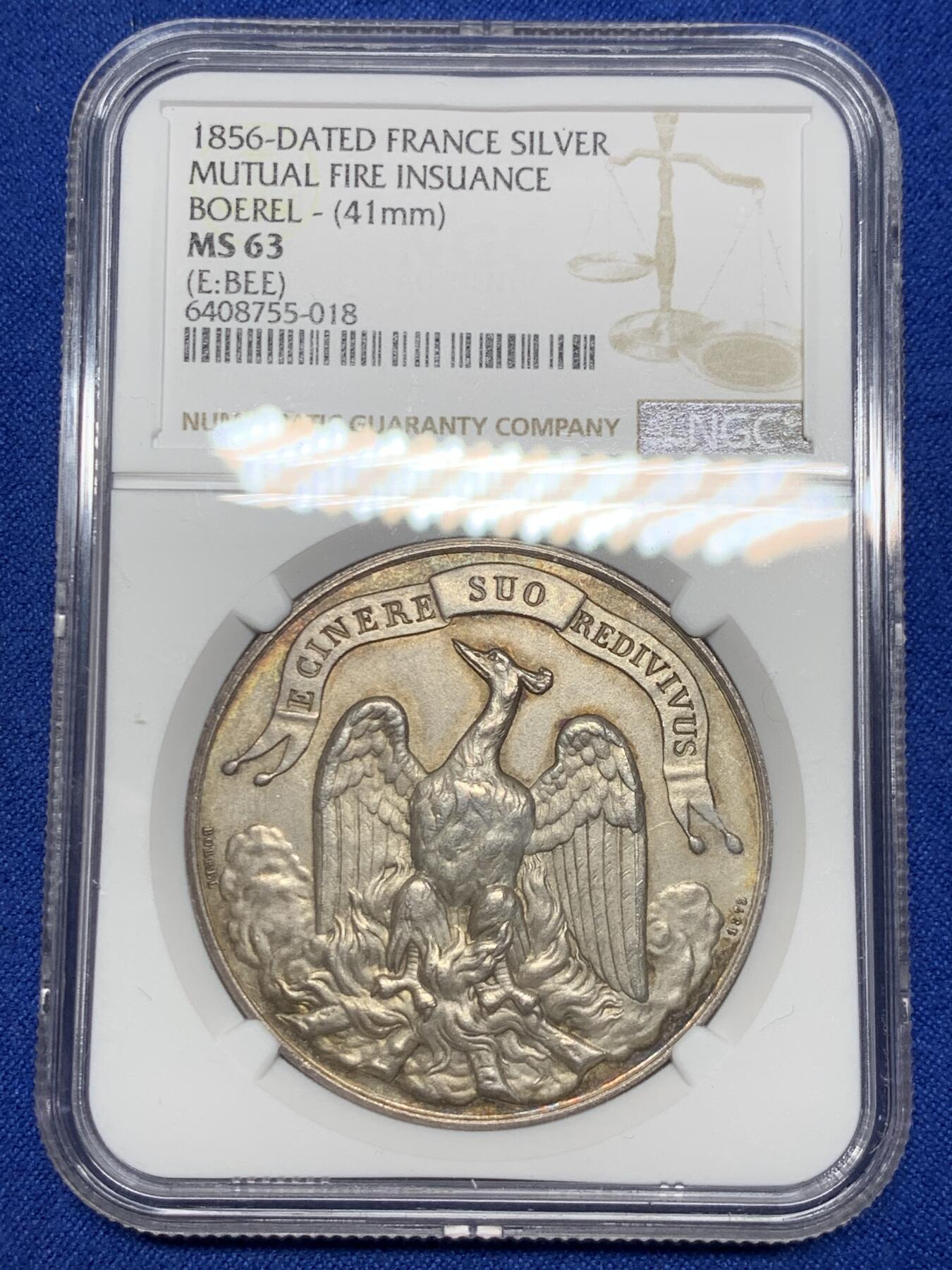 《竞宝斋》第281场- 周日，周一 ，周二3场连拍 （全场包邮） NGC-MS63 法国银章，凤凰保险公司