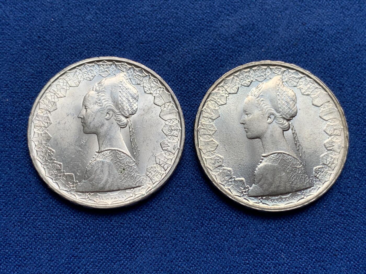 《竞宝斋》第280场- 周日，周一 ，周二3场连拍 （全场包邮） 两枚一组 意大利1965年+1966年美女帆船500里拉银币