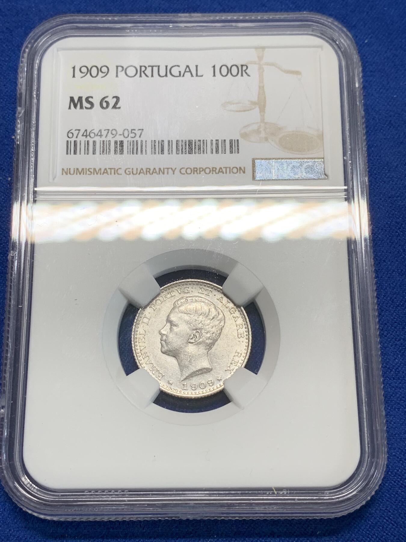 《竞宝斋》第280场- 周日，周一 ，周二3场连拍 （全场包邮） NGC MS62 葡萄牙 1909年 100瑞斯 银币
