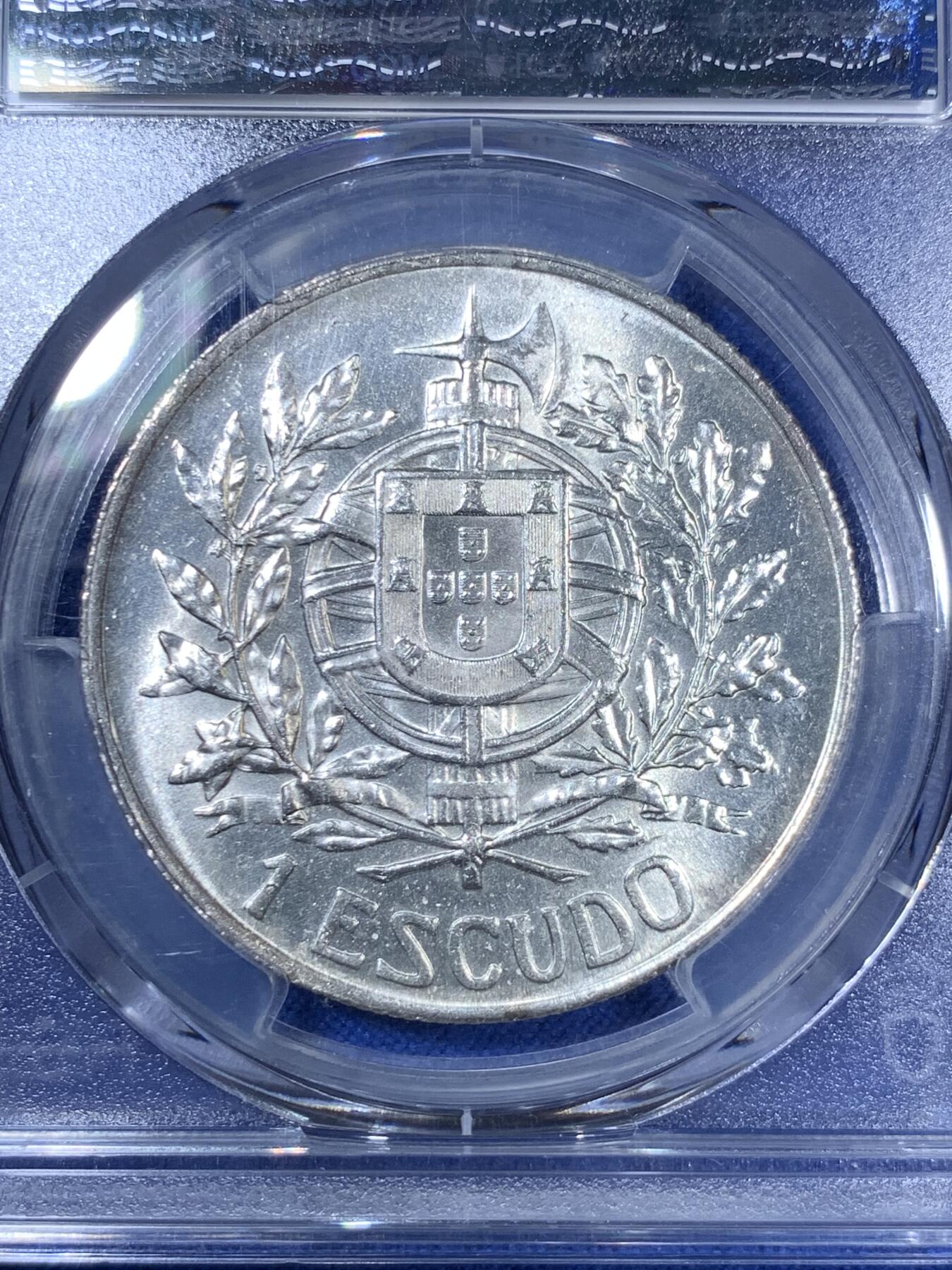 《竞宝斋》第280场- 周日，周一 ，周二3场连拍 （全场包邮） PCGS MS63 葡萄牙共和国1910年 埃斯库多银币 少见高分，有很强的转光，细节到位设计的非常好看一步到位的藏品。
