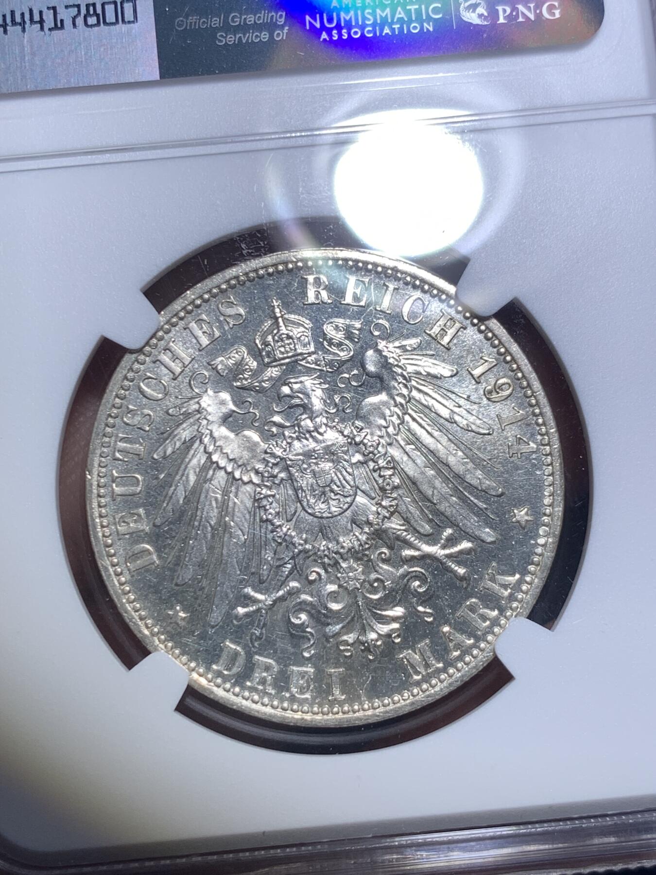 《竞宝斋》第280场- 周日，周一 ，周二3场连拍 （全场包邮） NGC MS64PL 1914年巴伐利亚路德维希国王3马克银币 类精制币，冠军分，无同分，极其少见