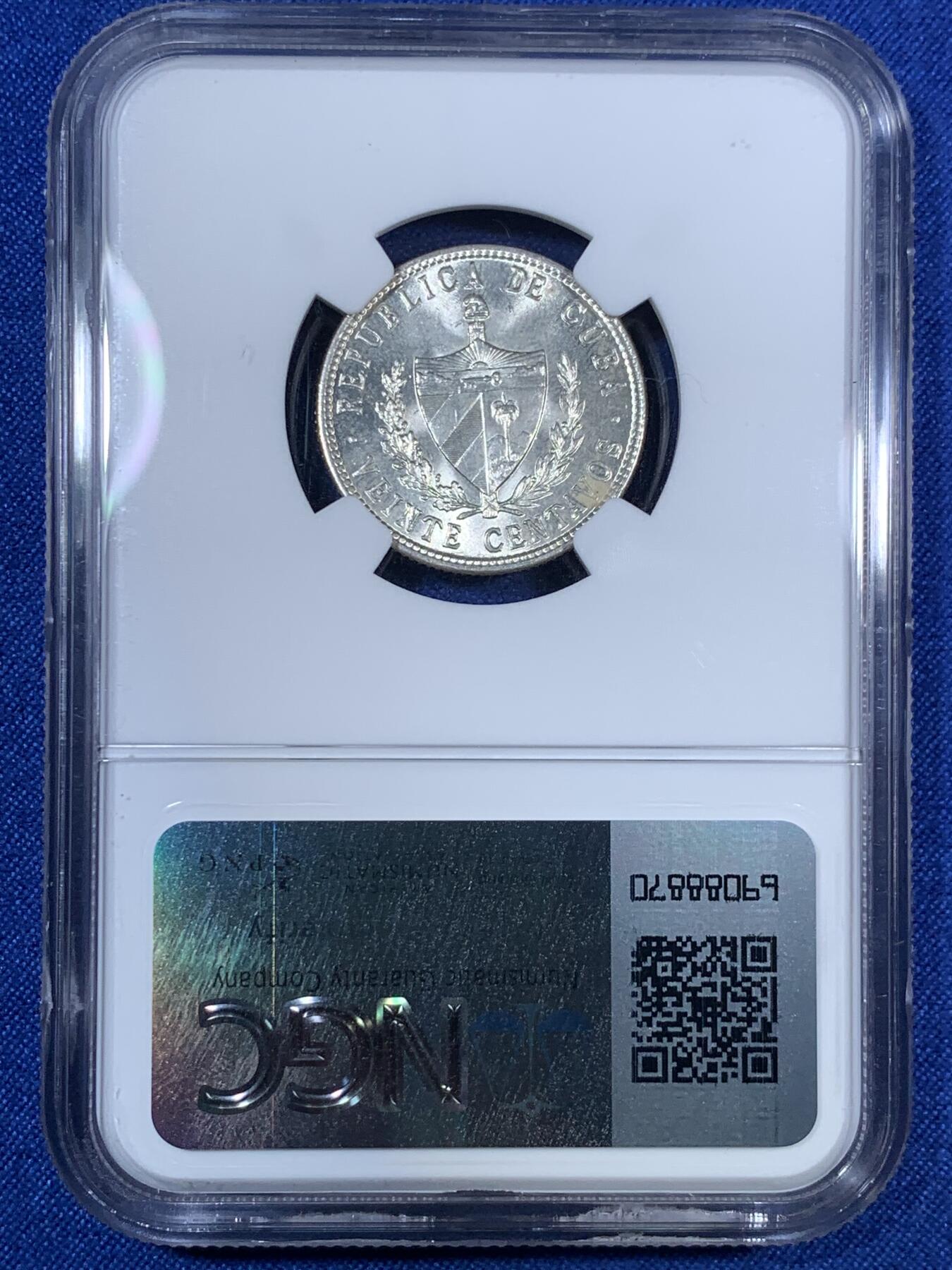 《竞宝斋》第280场- 周日，周一 ，周二3场连拍 （全场包邮） NGC MS64 古巴 1949年 五星 20分银币