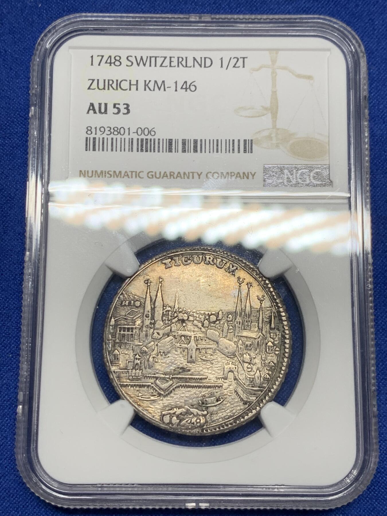 《竞宝斋》第280场- 周日，周一 ，周二3场连拍 （全场包邮） NGC AU53 瑞士1748年苏黎世景观 1/2泰勒银币 正反深打底光好 瑞士景观最近价格上升很快