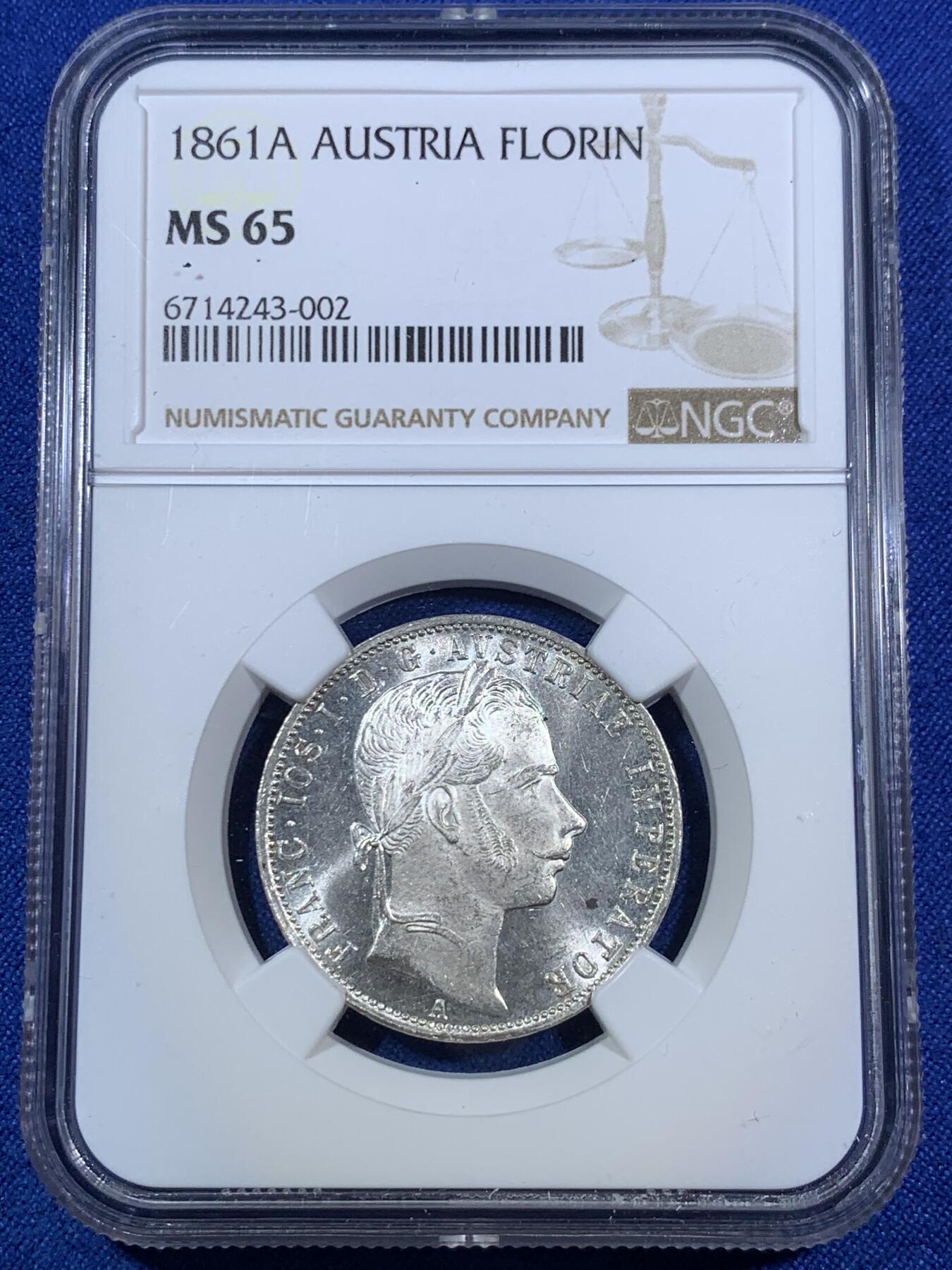 《竞宝斋》第280场- 周日，周一 ，周二3场连拍 （全场包邮） NGC MS65 1861年奥地利弗朗茨一世1弗洛林银币  顶级银霜车轮光，季军分，仅有2枚更高分