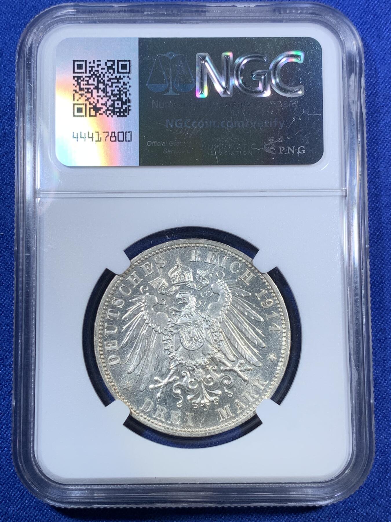 《竞宝斋》第280场- 周日，周一 ，周二3场连拍 （全场包邮） NGC MS64PL 1914年巴伐利亚路德维希国王3马克银币 类精制币，冠军分，无同分，极其少见