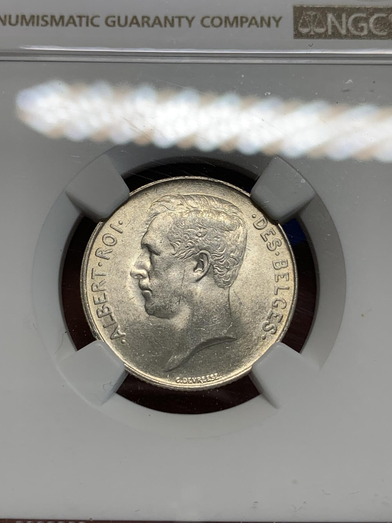 《竞宝斋》第280场- 周日，周一 ，周二3场连拍 （全场包邮） NGC MS62 比利时 1914年 阿尔贝托国王 1法郎 银币