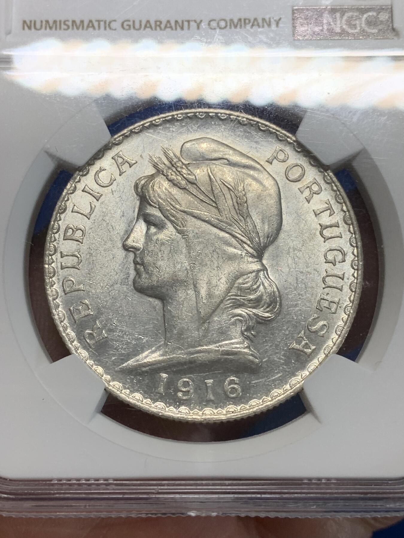 《竞宝斋》第280场- 周日，周一 ，周二3场连拍 （全场包邮） NGC AU58 葡萄牙1916年女神1埃斯库多银币