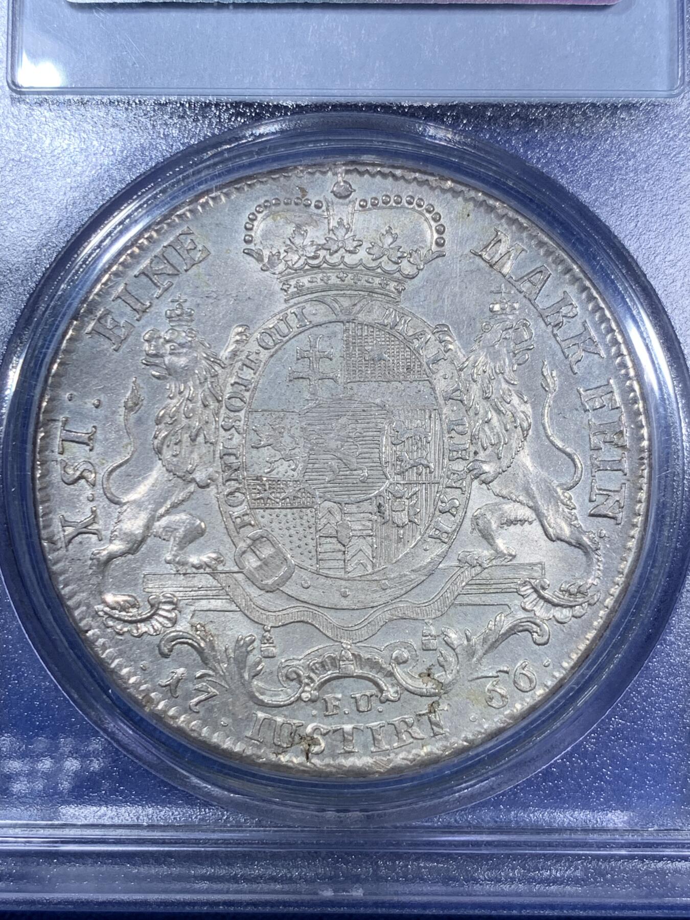 《竞宝斋》第280场- 周日，周一 ，周二3场连拍 （全场包邮） 冠军分！PCGS MS62 德国 1766年 黑森卡塞尔 1泰勒银币 Ebay去年成交价1640刀！