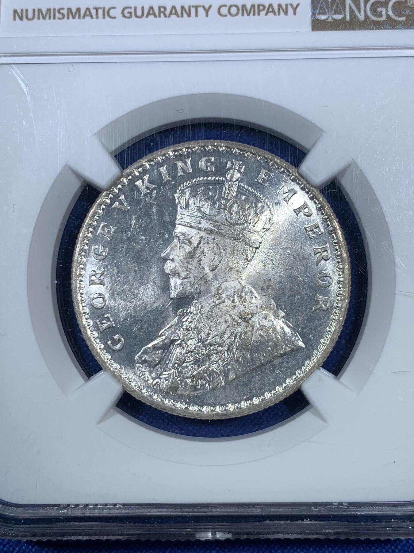 《竞宝斋》第280场- 周日，周一 ，周二3场连拍 （全场包邮） NGC MS62 英属印度 1918年 C版 乔五 1卢比银币