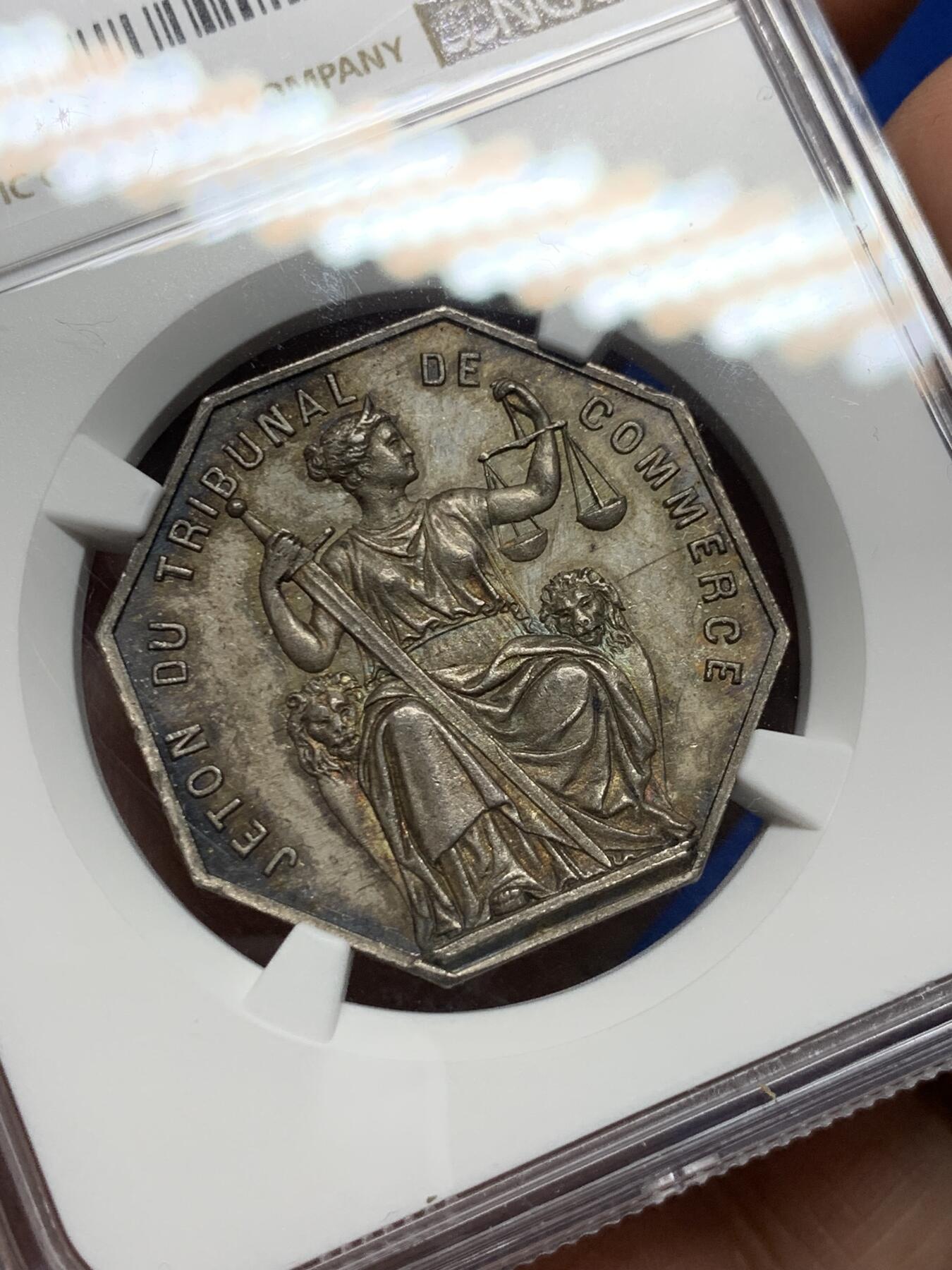 《竞宝斋》第281场- 周日，周一 ，周二3场连拍 （全场包邮） NGC-MS64 法国八角银质代币，瓦朗谢纳商会，三狮+双天鹅设计，少见图案