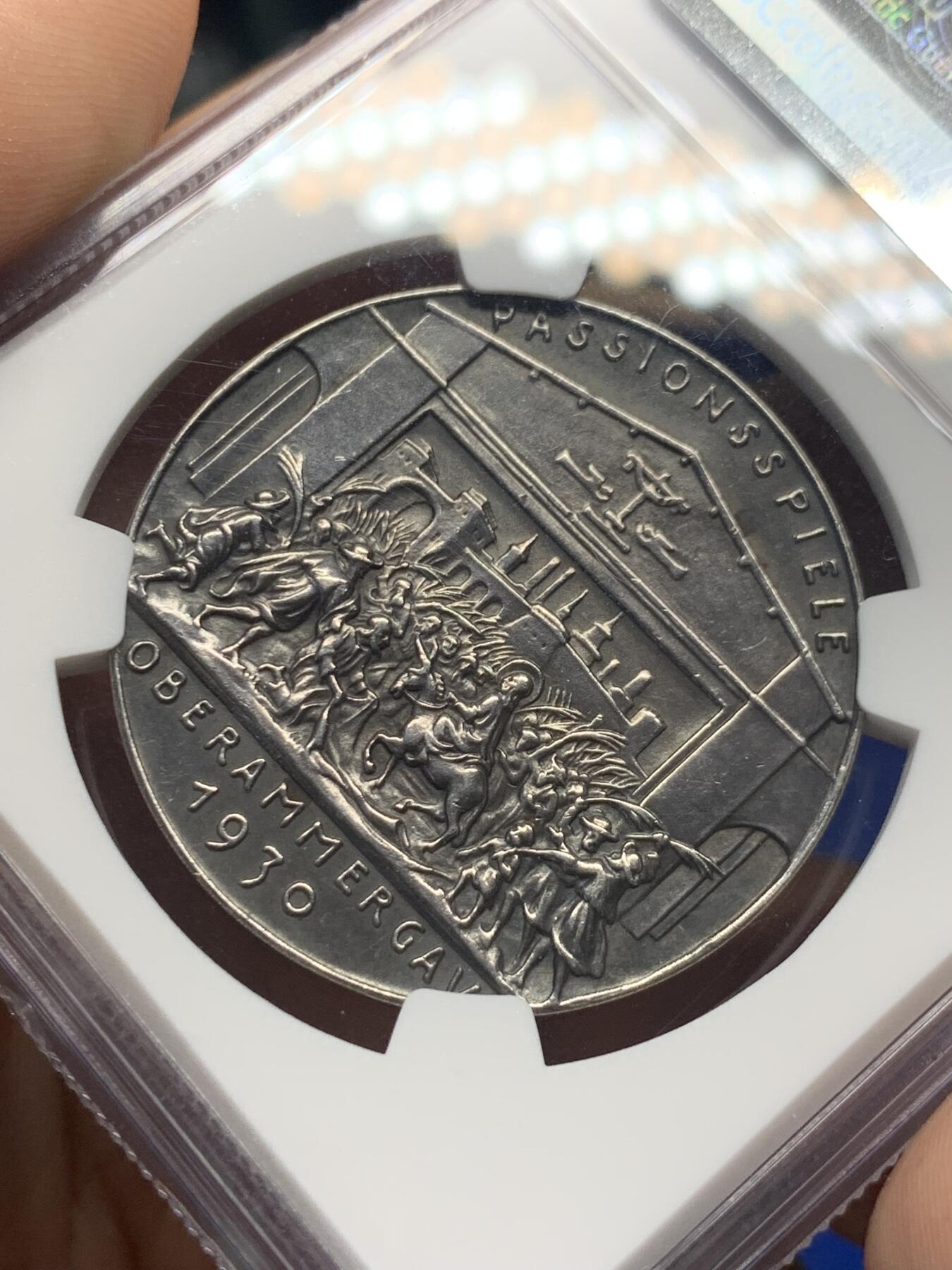 《竞宝斋》第280场- 周日，周一 ，周二3场连拍 （全场包邮） NGC MS60 哥茨经典1930年魏玛德国耶稣受难记上演纪念银章 层次分明 颇显功力