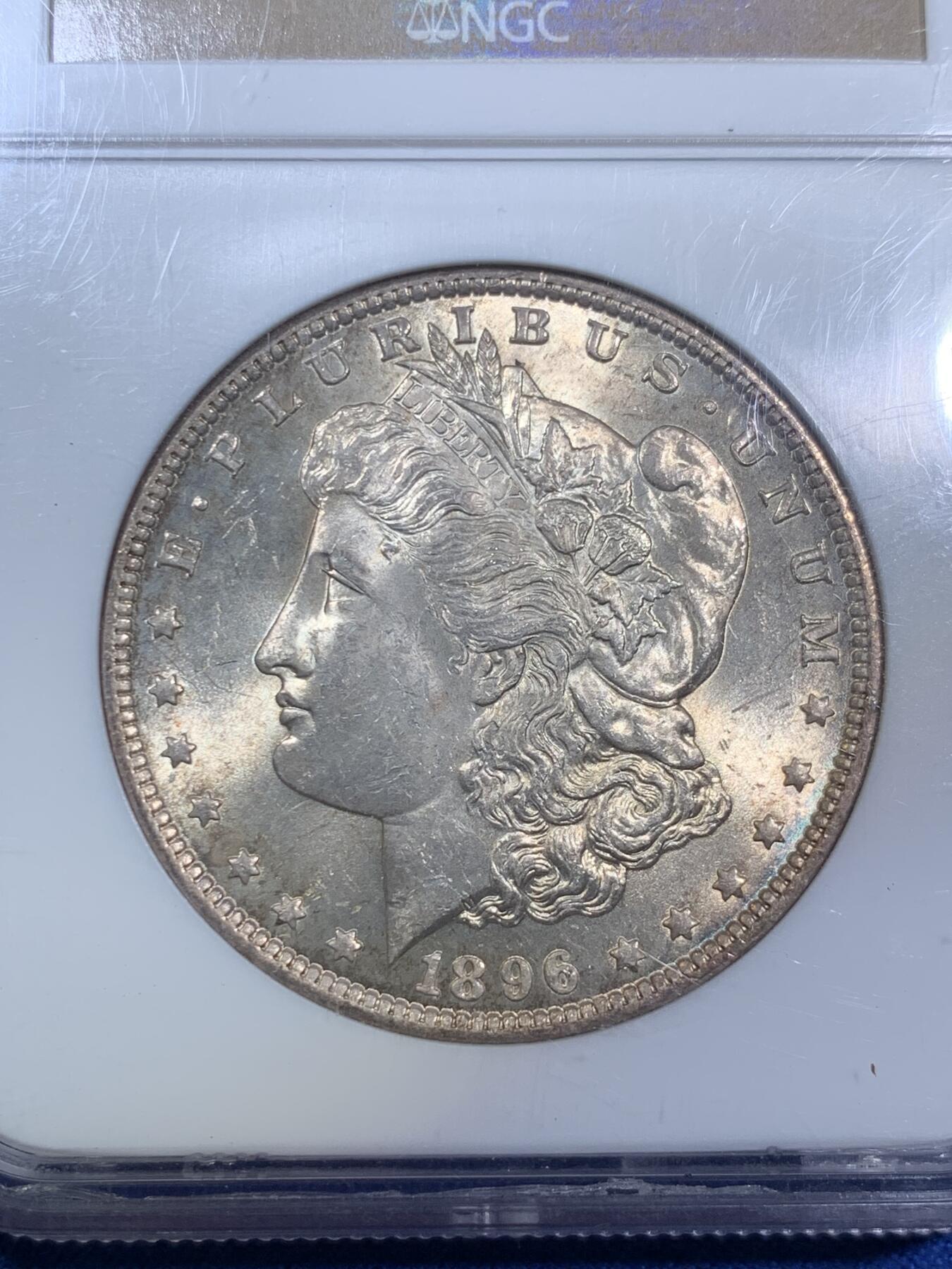 《竞宝斋》第280场- 周日，周一 ，周二3场连拍 （全场包邮） NGC MS62 美国1896年摩根银币P版 原汁原味老包浆，包浆醇厚，打制精美，N盒经典老白盒严评无官网图，状态和品质绝对不输现在的63分。