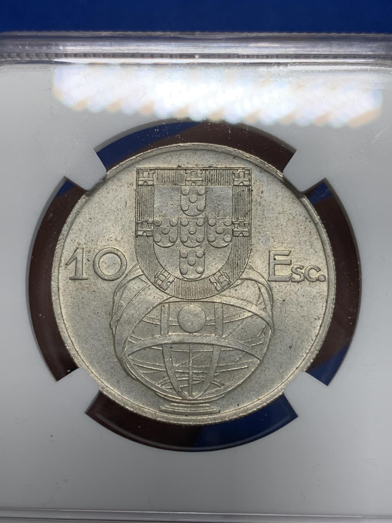 《竞宝斋》第280场- 周日，周一 ，周二3场连拍 （全场包邮） NGC MS64 葡萄牙1954年大帆船10埃斯库多银币