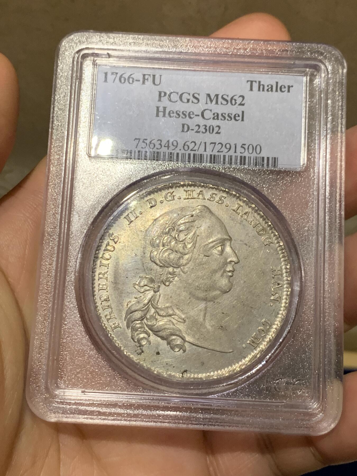 《竞宝斋》第280场- 周日，周一 ，周二3场连拍 （全场包邮） 冠军分！PCGS MS62 德国 1766年 黑森卡塞尔 1泰勒银币 Ebay去年成交价1640刀！