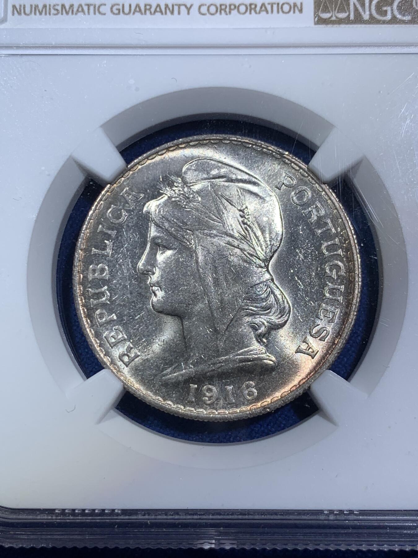 《竞宝斋》第280场- 周日，周一 ，周二3场连拍 （全场包邮） NGC MS62 葡萄牙1916年50分银币