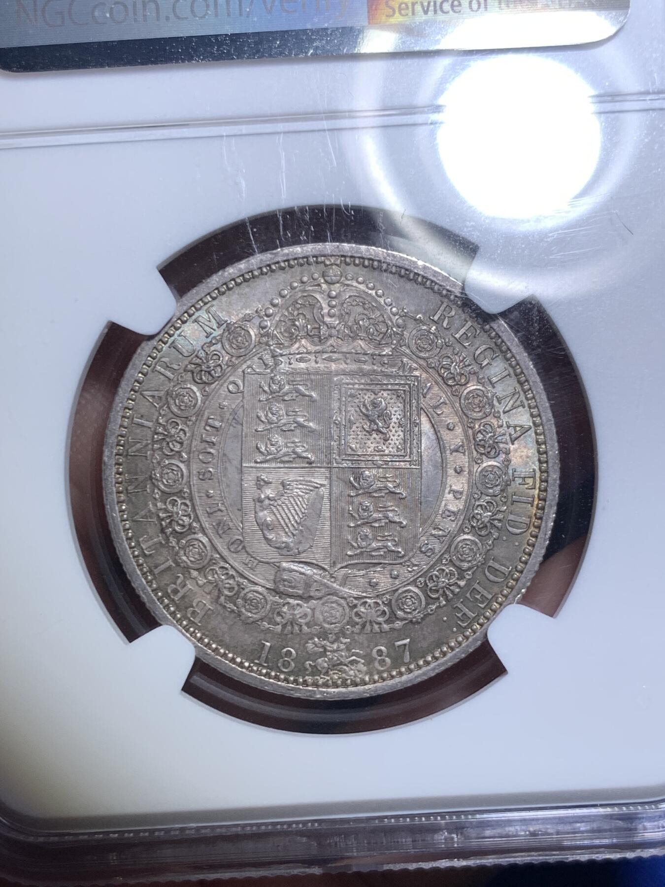 《竞宝斋》第280场- 周日，周一 ，周二3场连拍 （全场包邮） NGC MS62 英国1887年维多利亚半克朗银币 欧洲光十分漂亮