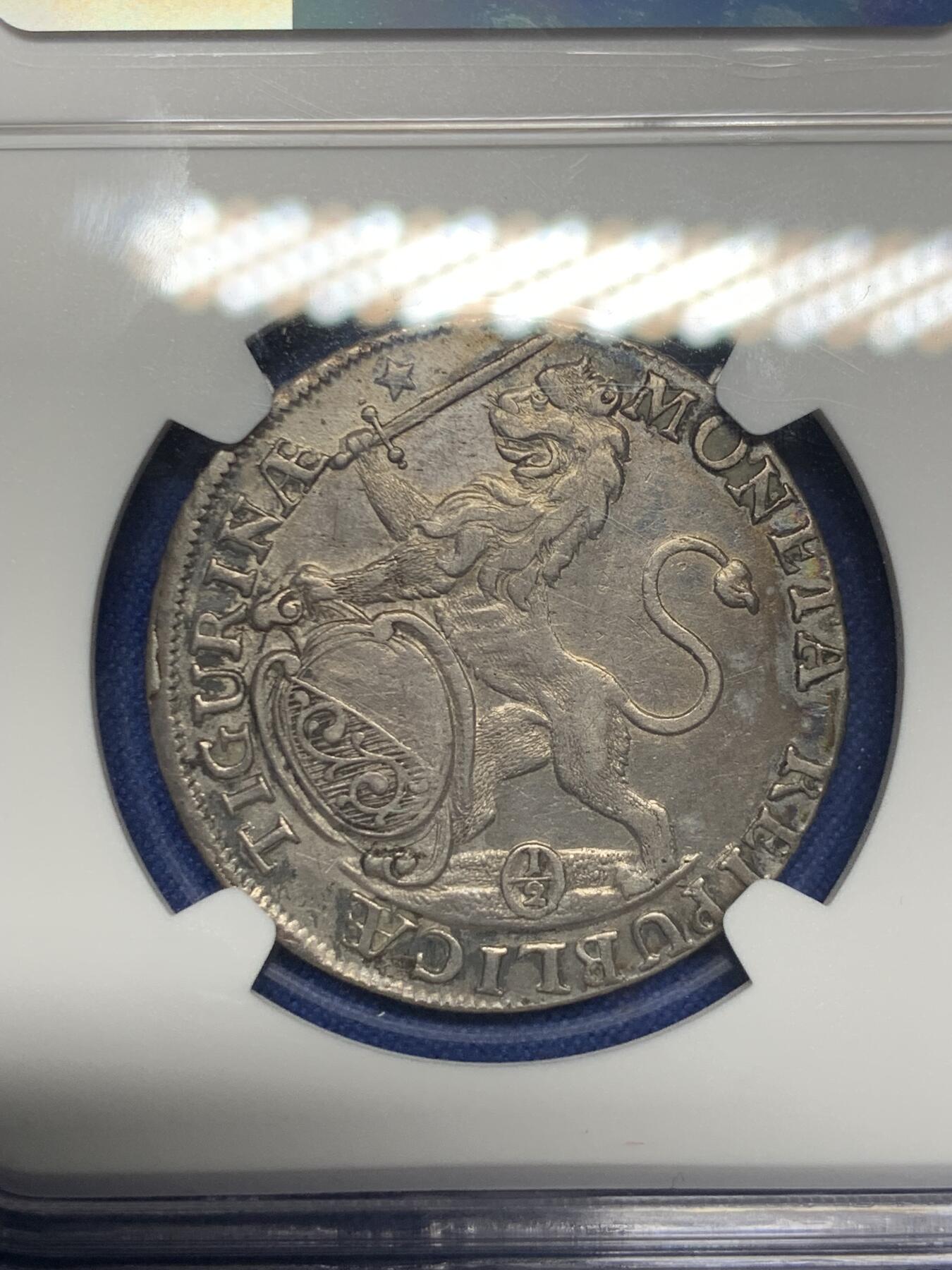 《竞宝斋》第280场- 周日，周一 ，周二3场连拍 （全场包邮） NGC AU53 瑞士1748年苏黎世景观 1/2泰勒银币 正反深打底光好 瑞士景观最近价格上升很快