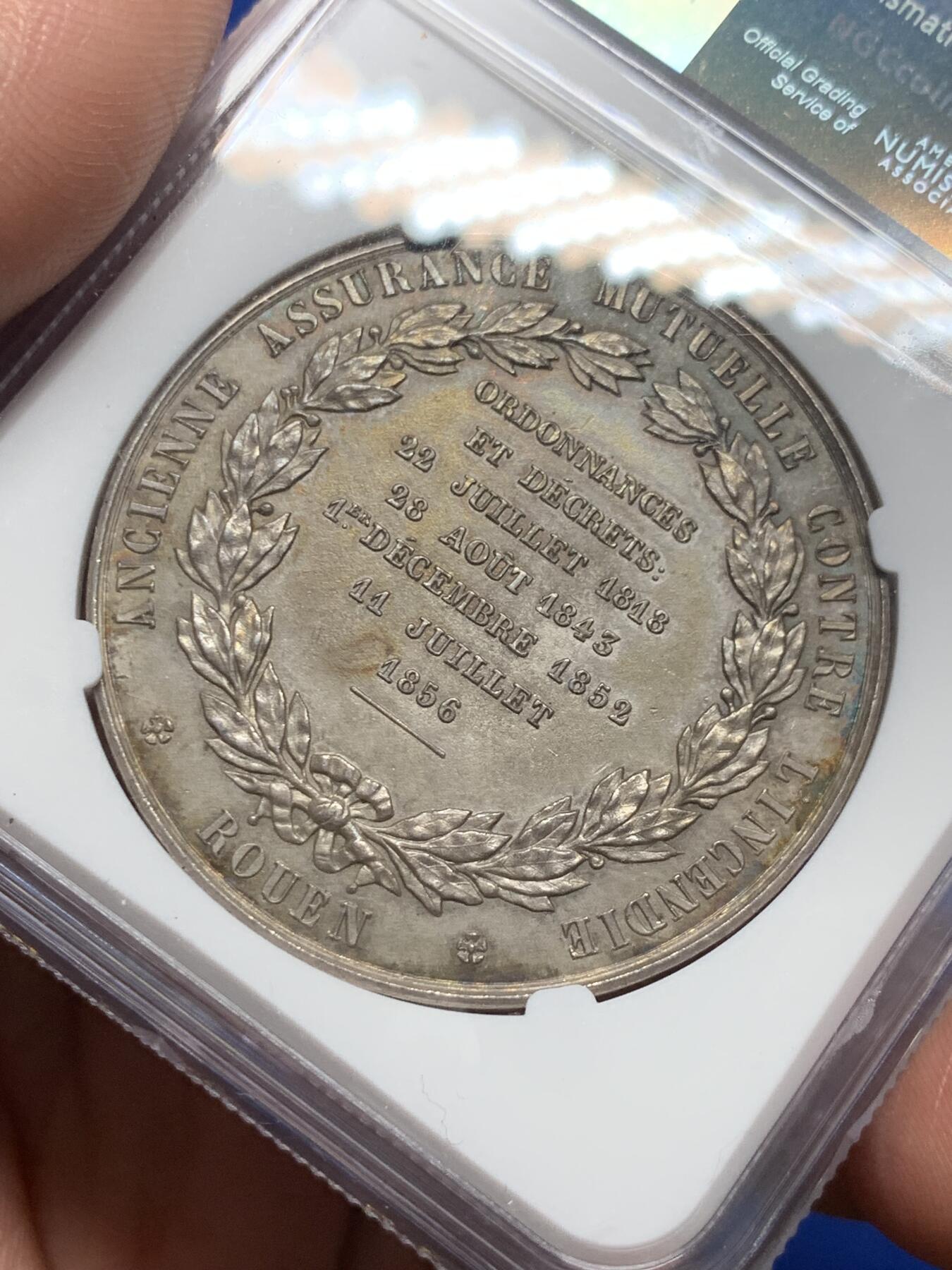 《竞宝斋》第281场- 周日，周一 ，周二3场连拍 （全场包邮） NGC-MS63 法国银章，凤凰保险公司