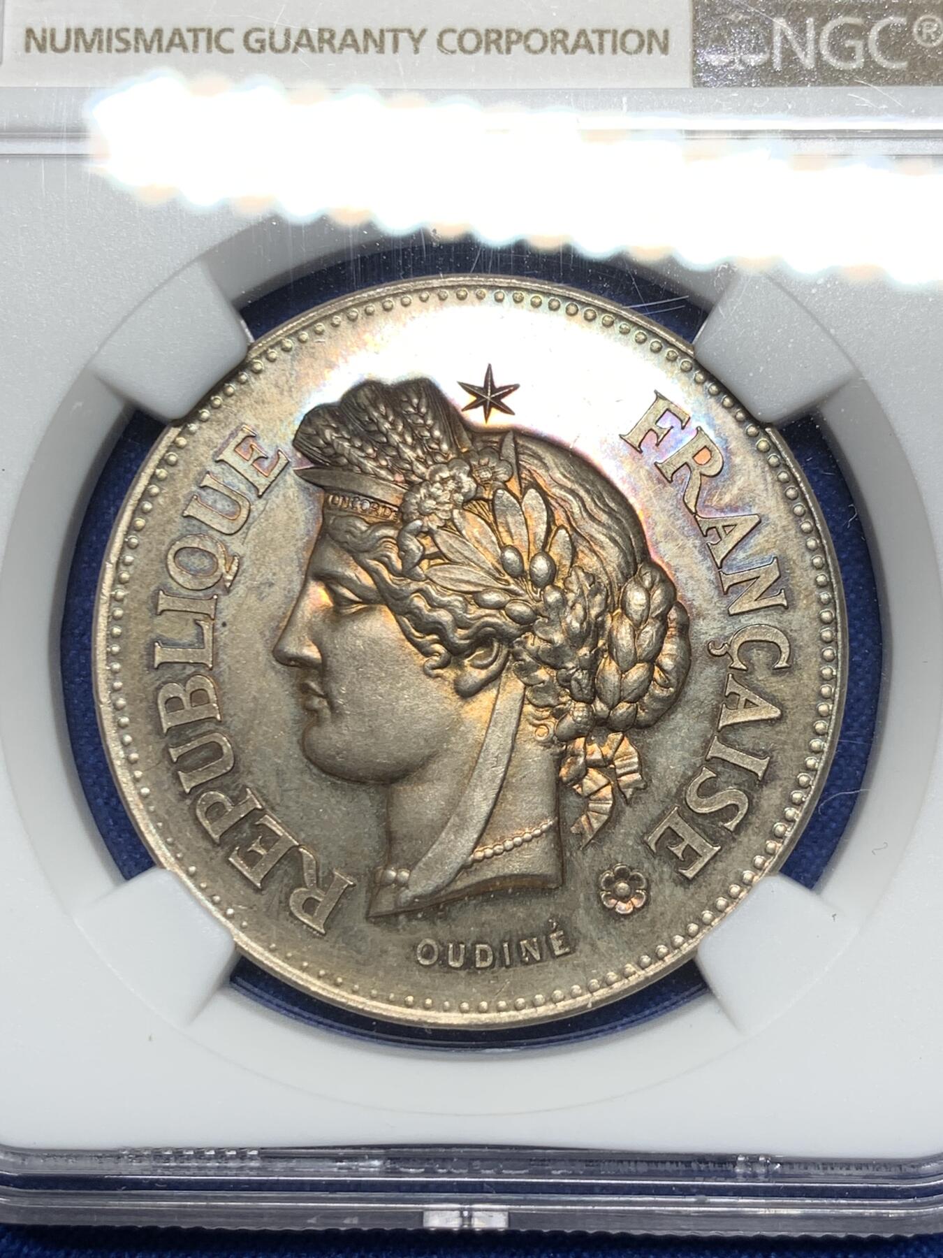 《竞宝斋》第281场- 周日，周一 ，周二3场连拍 （全场包邮） NGC MS63 19世纪末法国谷物女神大银章，诱人金彩包浆，完美状态。37mm直径，尺寸与5法郎主币相当，谷物女神5法郎的完美平替