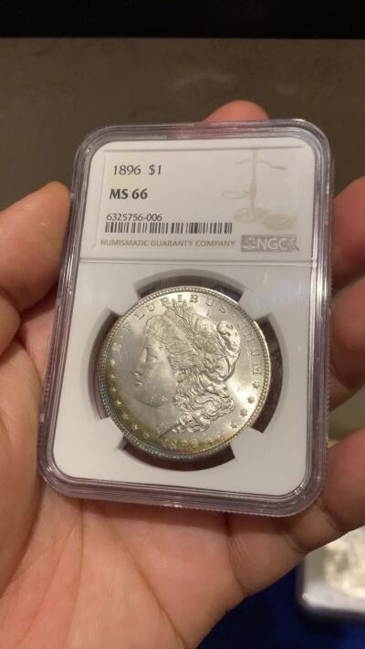 《竞宝斋》第280场- 周日，周一 ，周二3场连拍 （全场包邮） NGC MS66 美国 1896年 摩根银币 淡月牙彩 状态极佳