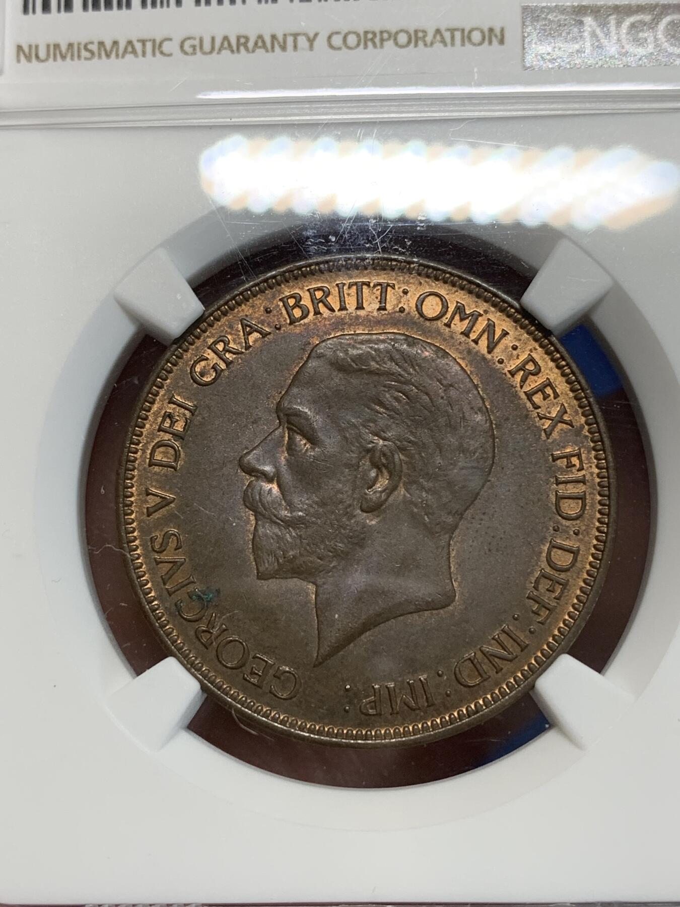 《竞宝斋》第280场- 周日，周一 ，周二3场连拍 （全场包邮） NGC MS63BN 英国1936年乔五1便士铜币