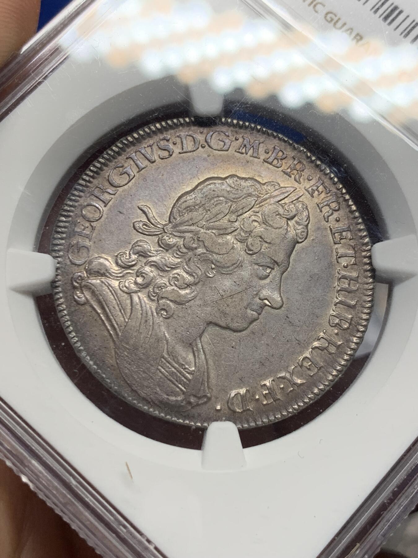 《竞宝斋》第280场- 周日，周一 ，周二3场连拍 （全场包邮） NGC XF45 英国1720乔治一世半克朗银币 克劳斯目录书中原物 克书XF品相定价1125美元 最新同分成交价接近2000美元 极其稀少的品种