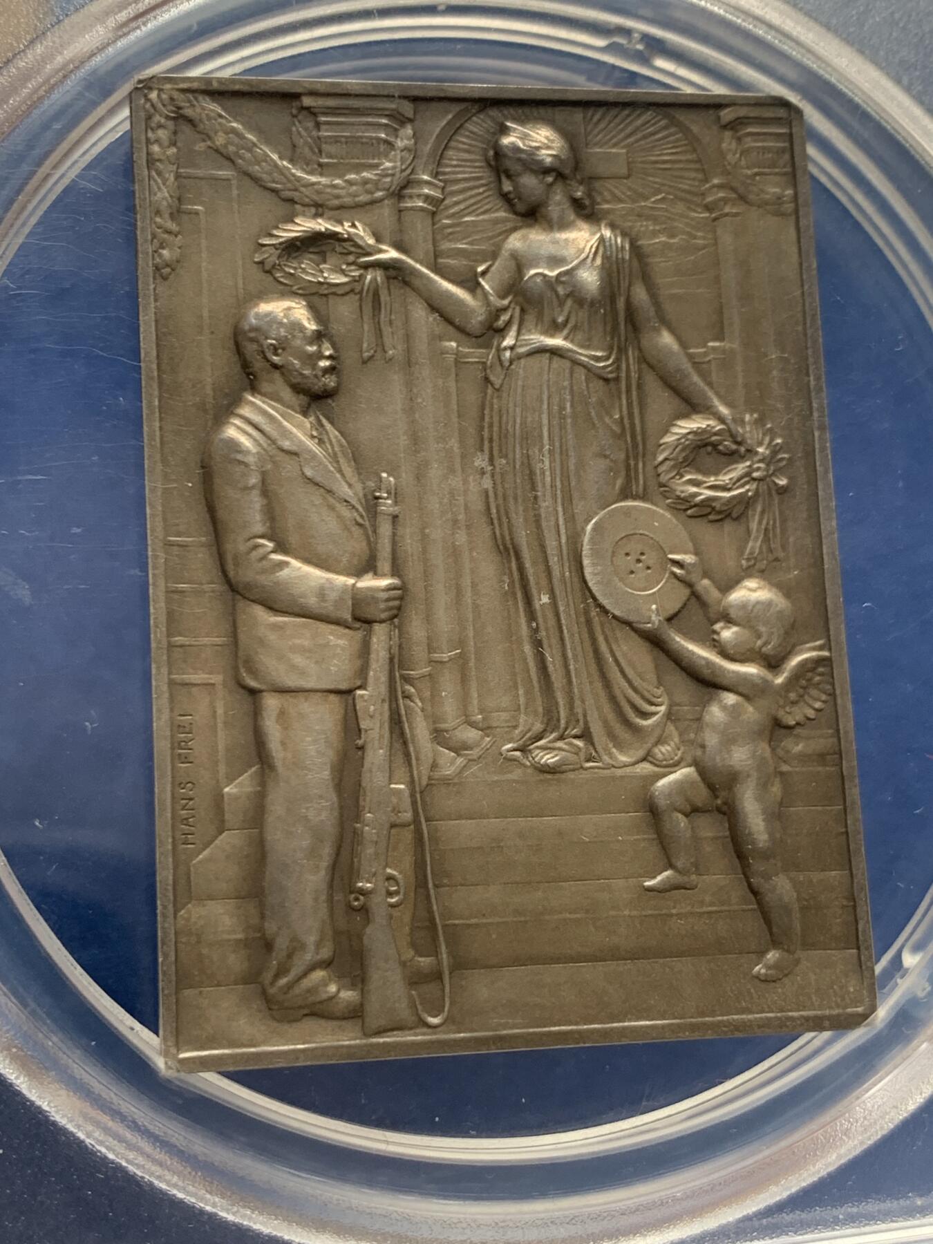 《竞宝斋》第280场- 周日，周一 ，周二3场连拍 （全场包邮） PCGS SP63 1904年瑞士圣加仑射击节 少见方形大银章 原味包浆