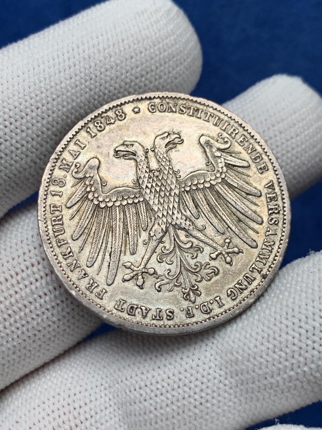 《竞宝斋》第280场- 周日，周一 ，周二3场连拍 （全场包邮） 德国1848年法兰克福双头鹰2盾银币