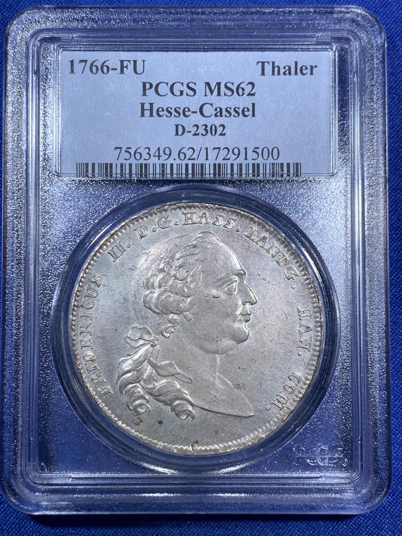 《竞宝斋》第280场- 周日，周一 ，周二3场连拍 （全场包邮） 冠军分！PCGS MS62 德国 1766年 黑森卡塞尔 1泰勒银币 Ebay去年成交价1640刀！