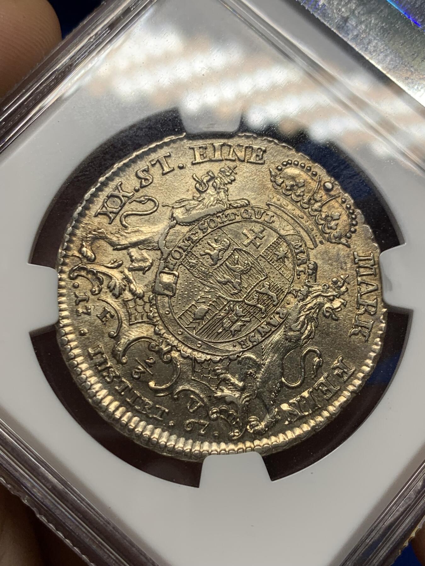 《竞宝斋》第280场- 周日，周一 ，周二3场连拍 （全场包邮） 亚军分！NGC AU58 德国 1767年 黑森卡塞尔 2/3泰勒银币 这个品种太少见了！