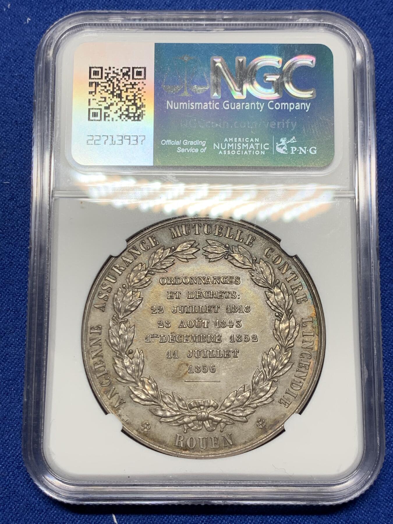 《竞宝斋》第281场- 周日，周一 ，周二3场连拍 （全场包邮） NGC-MS63 法国银章，凤凰保险公司