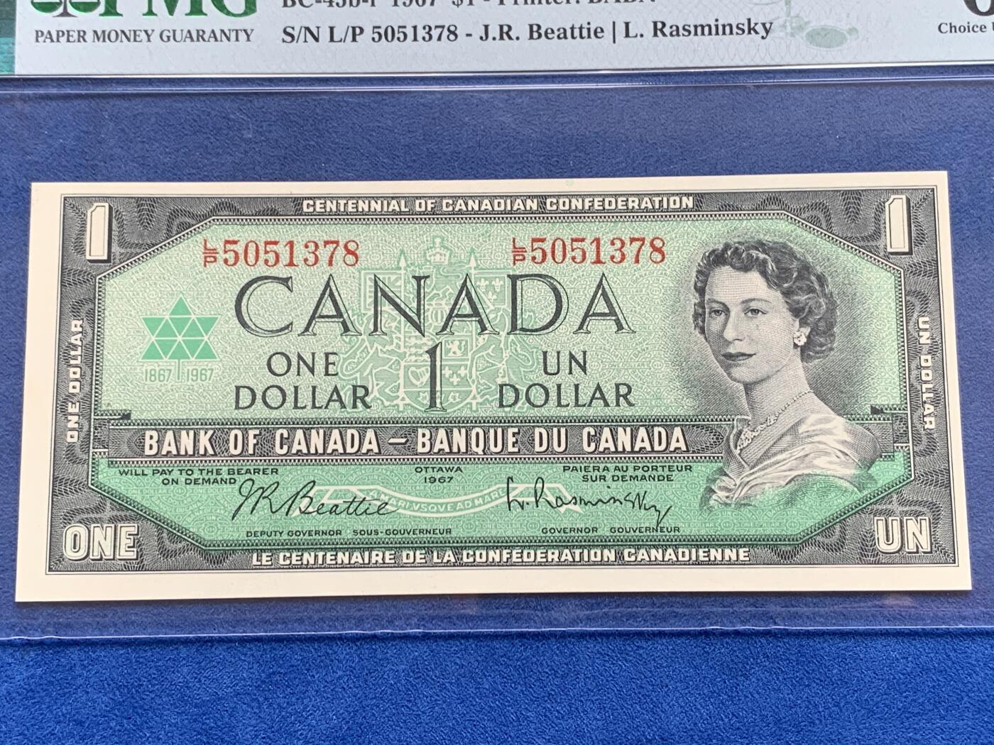 《竞宝斋》第280场- 周日，周一 ，周二3场连拍 （全场包邮） PMG 64EPQ 加拿大1967年议会百年1元纪念钞 少见带号码版本 女王头像栩栩如生