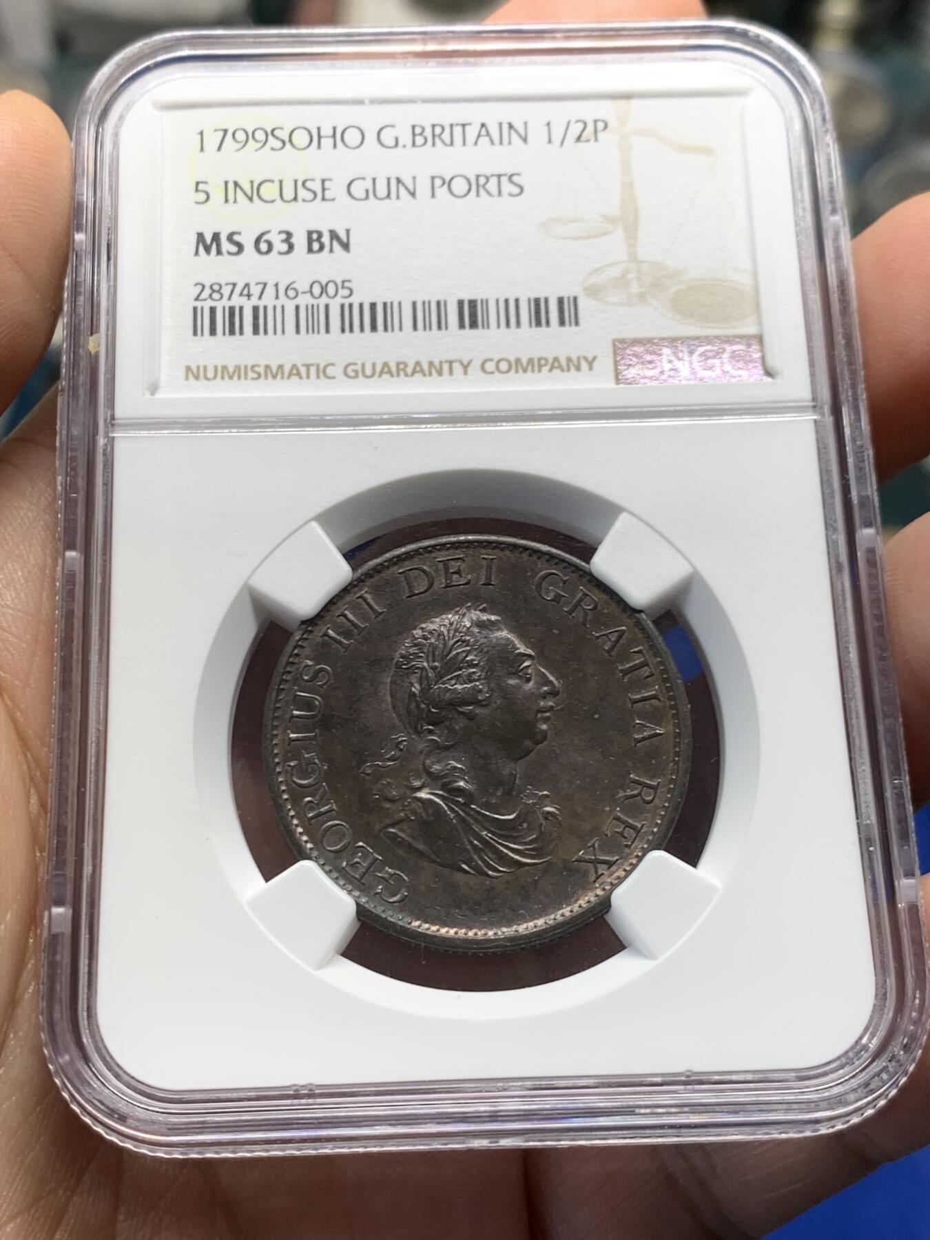 《竞宝斋》第280场- 周日，周一 ，周二3场连拍 （全场包邮） NGC MS63BN 英国1799乔治三世半便士铜币 丝滑黑巧克力，包浆均匀，高点优秀，同分中的好状态。年初SBP拍卖64分含佣合人民币1738元成交