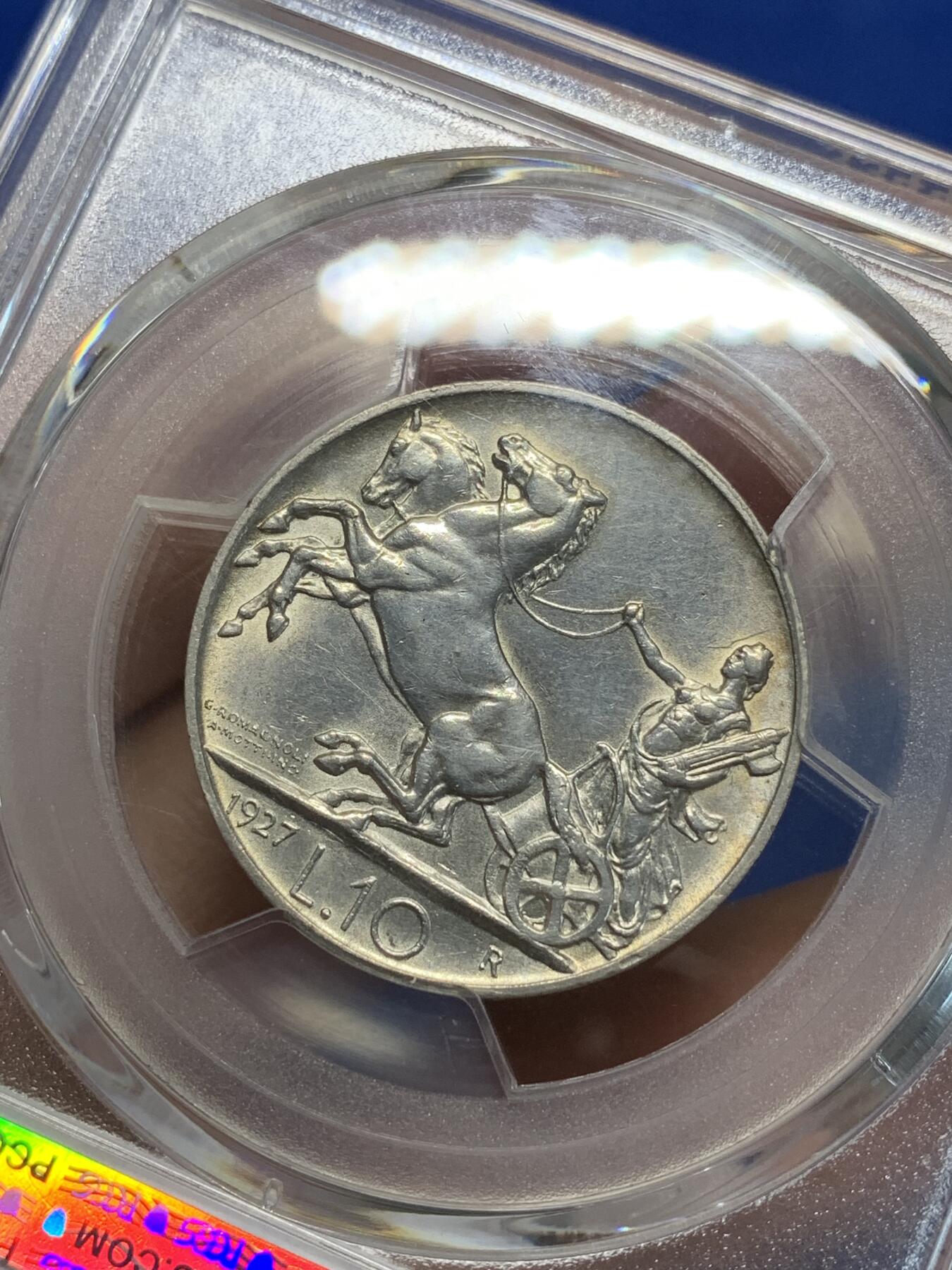 《竞宝斋》第280场- 周日，周一 ，周二3场连拍 （全场包邮） PCGS MS62 意大利1927年马车10里拉银币 币面带光不错