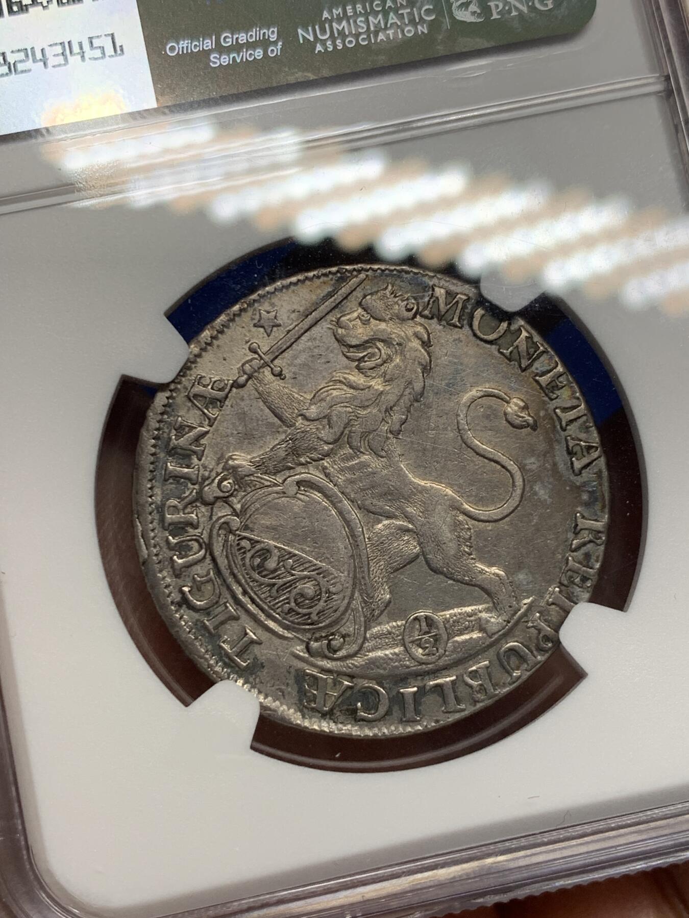 《竞宝斋》第280场- 周日，周一 ，周二3场连拍 （全场包邮） NGC AU53 瑞士1748年苏黎世景观 1/2泰勒银币 正反深打底光好 瑞士景观最近价格上升很快