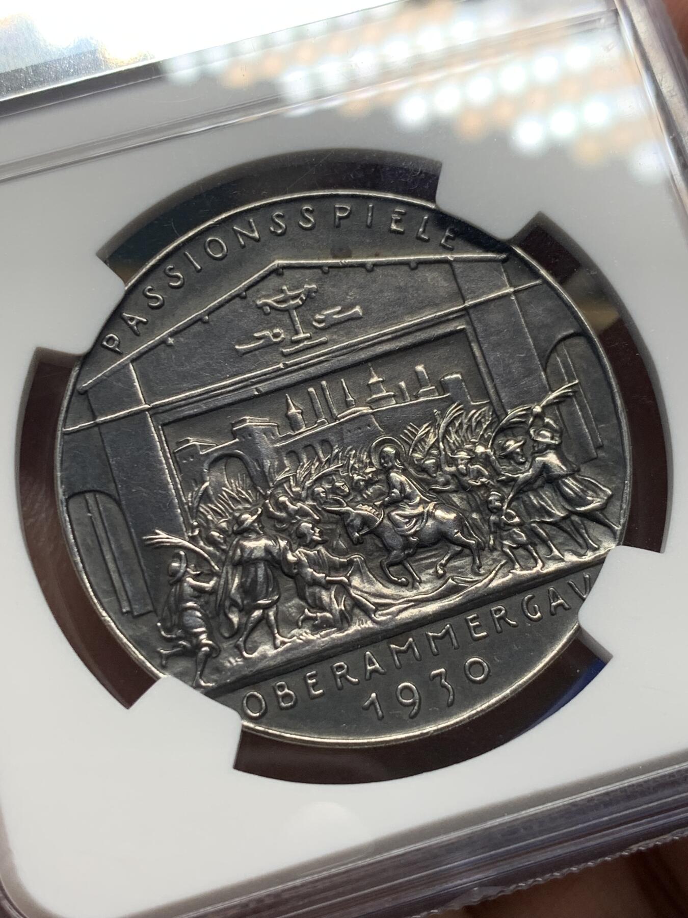 《竞宝斋》第280场- 周日，周一 ，周二3场连拍 （全场包邮） NGC MS60 哥茨经典1930年魏玛德国耶稣受难记上演纪念银章 层次分明 颇显功力