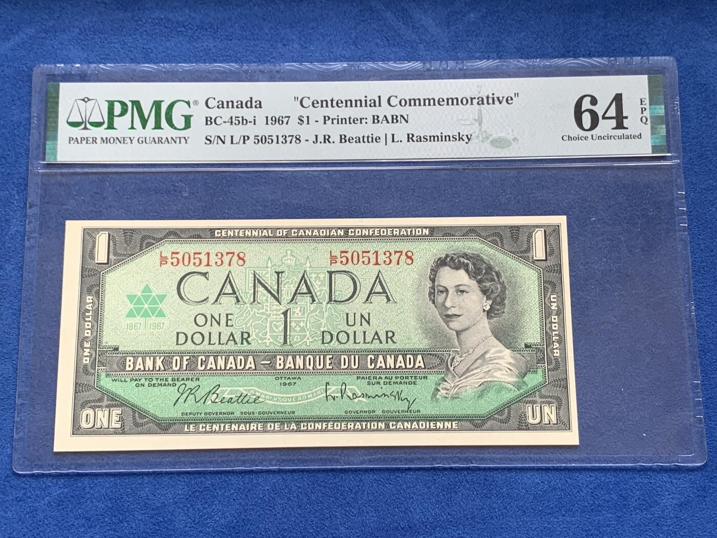 《竞宝斋》第280场- 周日，周一 ，周二3场连拍 （全场包邮） PMG 64EPQ 加拿大1967年议会百年1元纪念钞 少见带号码版本 女王头像栩栩如生