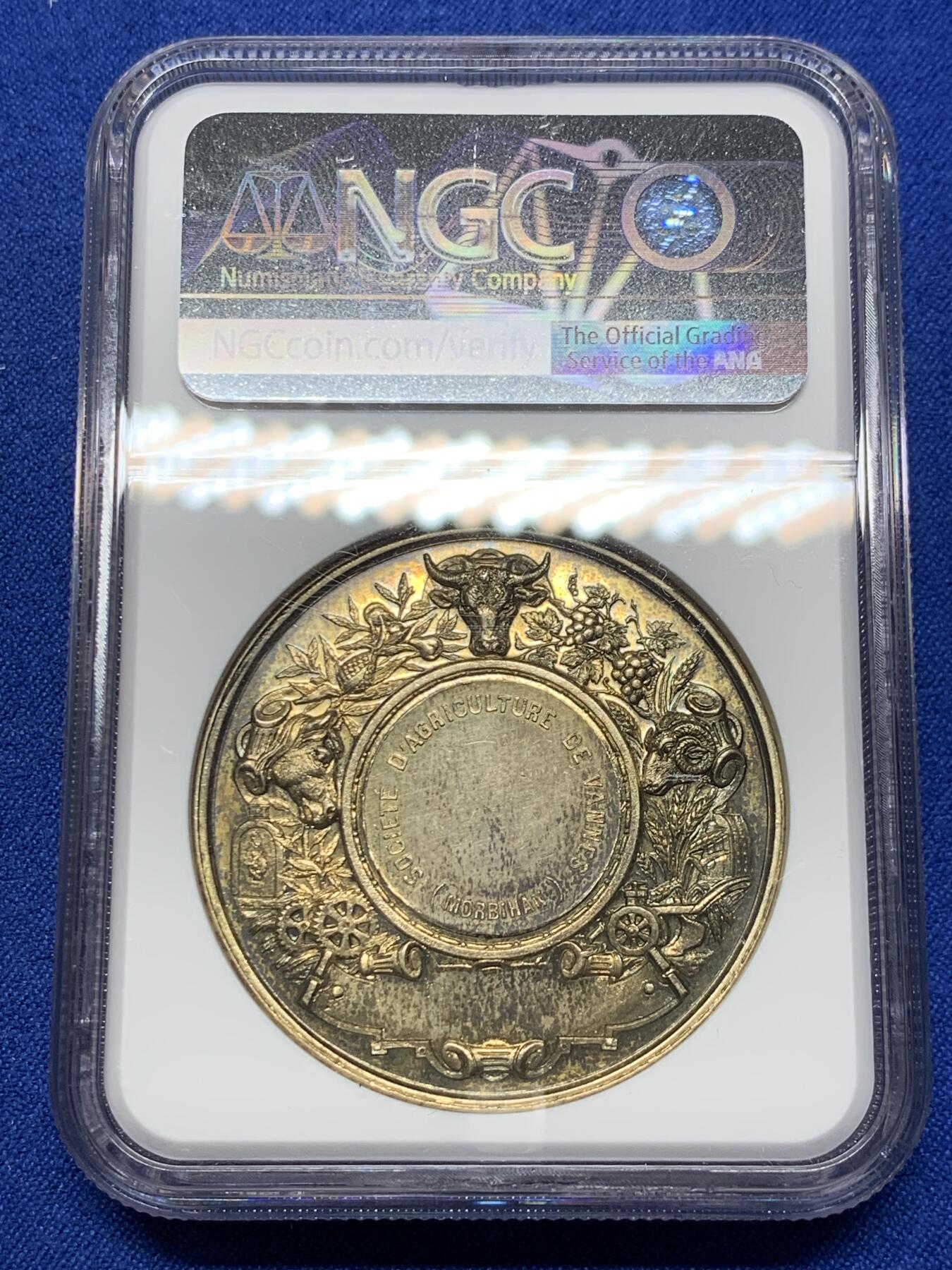 《竞宝斋》第281场- 周日，周一 ，周二3场连拍 （全场包邮） NGC-MS62 法国镀金银代币，农业协会，盒子加厚