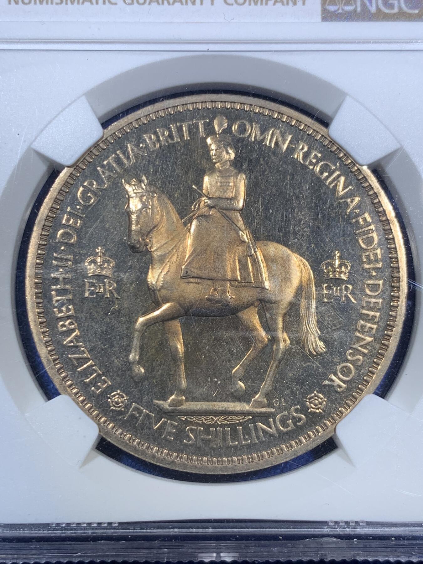 《竞宝斋》第280场- 周日，周一 ，周二3场连拍 （全场包邮） NGC PF64CAMEO 英国1953年女王精制加冕克朗 镜面带彩