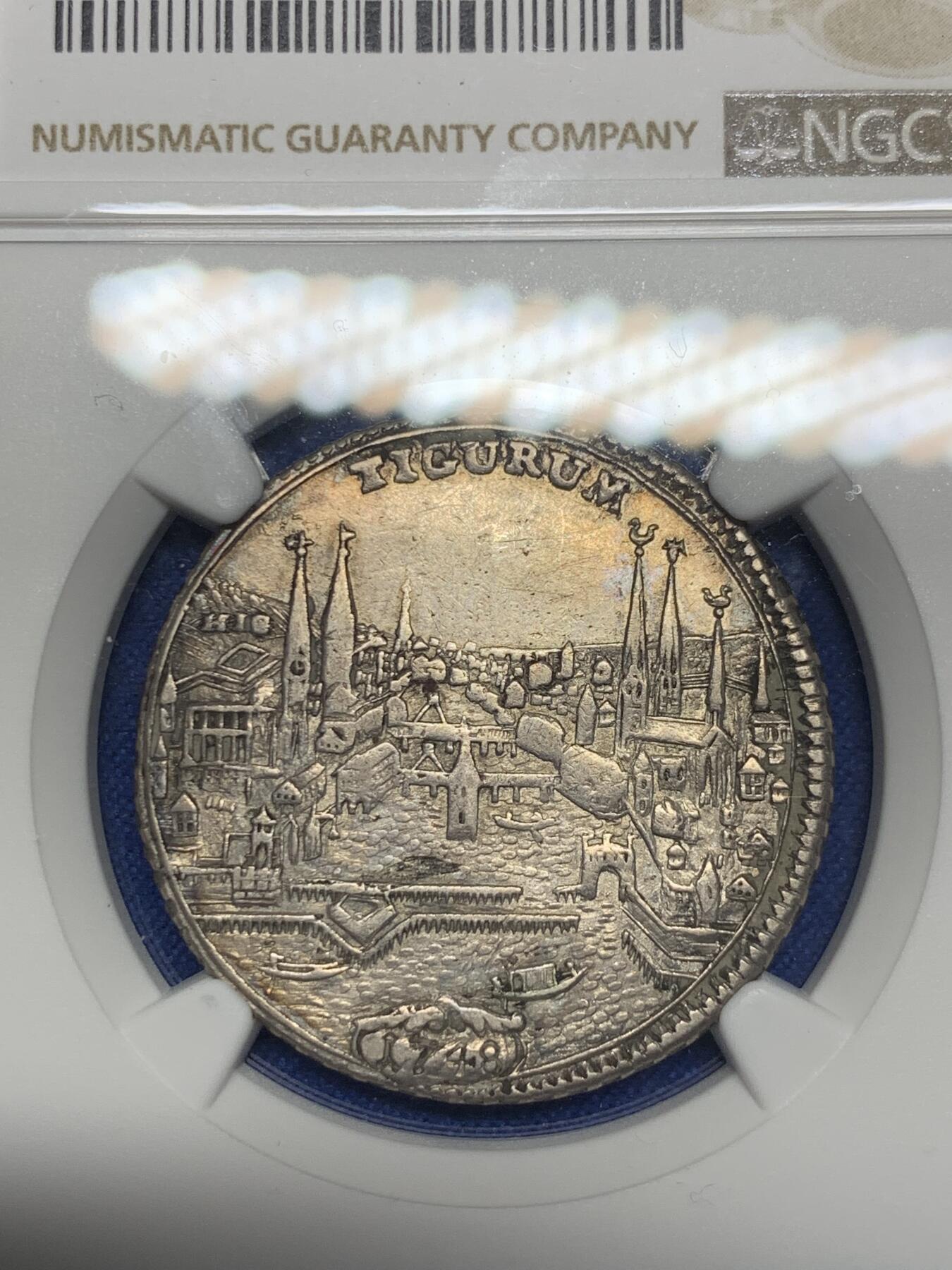 《竞宝斋》第280场- 周日，周一 ，周二3场连拍 （全场包邮） NGC AU53 瑞士1748年苏黎世景观 1/2泰勒银币 正反深打底光好 瑞士景观最近价格上升很快