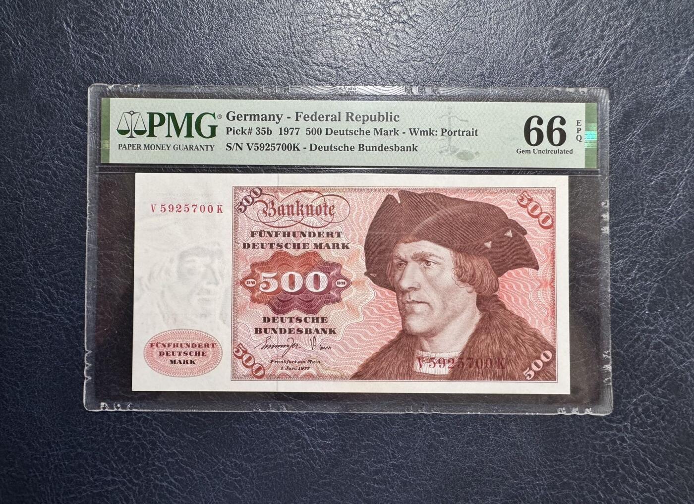 收藏联盟Quantum Auction 第354期拍卖  德国联邦1977年500马克 PMG66 号码无4 大副 名画《年轻的无须男子》