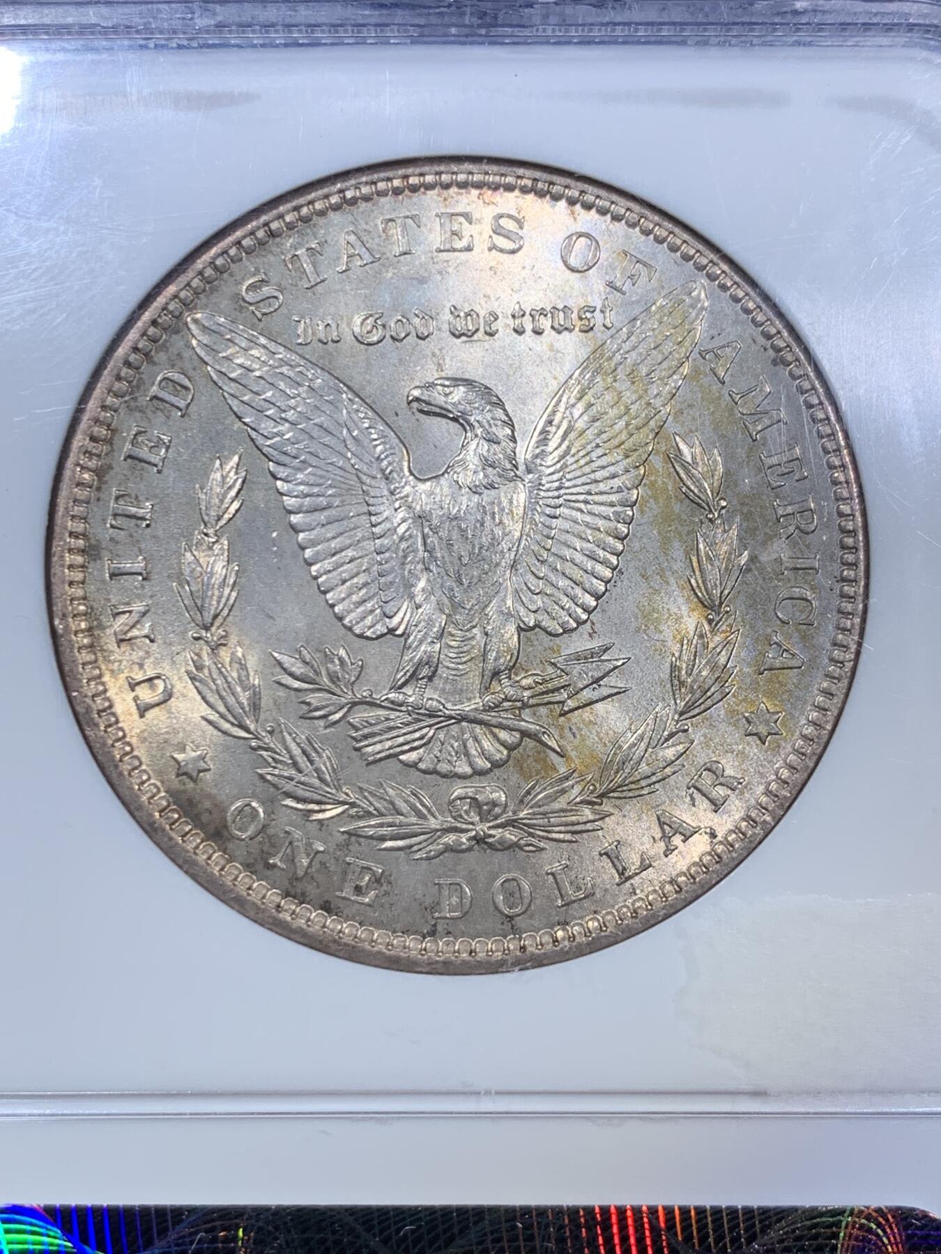 《竞宝斋》第280场- 周日，周一 ，周二3场连拍 （全场包邮） NGC MS62 美国1896年摩根银币P版 原汁原味老包浆，包浆醇厚，打制精美，N盒经典老白盒严评无官网图，状态和品质绝对不输现在的63分。