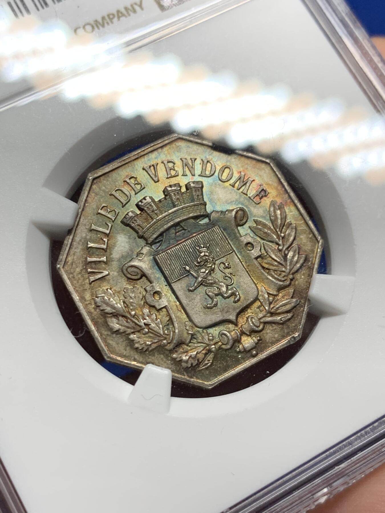 《竞宝斋》第281场- 周日，周一 ，周二3场连拍 （全场包邮） NGC-MS64 法国八角银质代币，瓦朗谢纳市储蓄银行