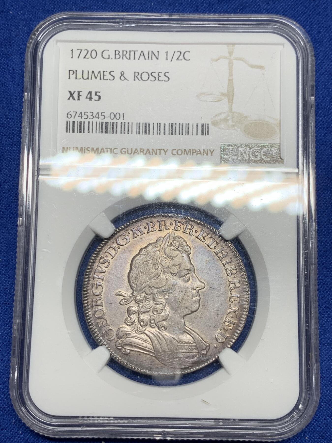 《竞宝斋》第280场- 周日，周一 ，周二3场连拍 （全场包邮） NGC XF45 英国1720乔治一世半克朗银币 克劳斯目录书中原物 克书XF品相定价1125美元 最新同分成交价接近2000美元 极其稀少的品种